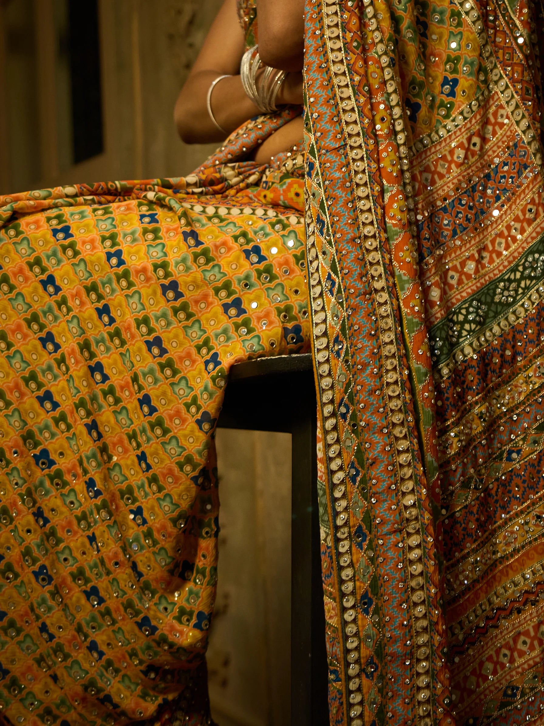Yellow Lotus Crepe Fusion Saree | Ajrakh Mirror Work saree | Handcrafted Indian Saree
