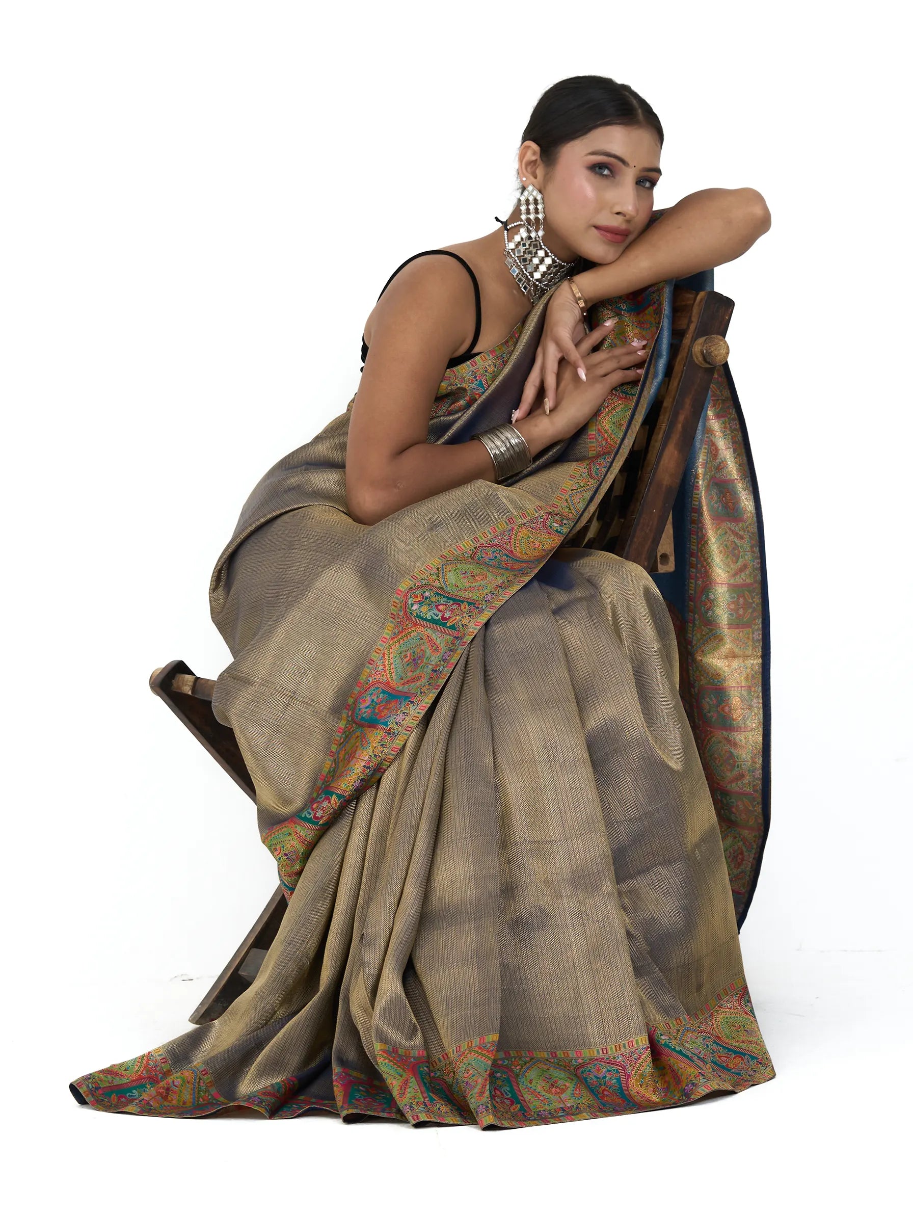 Champagne Gold Banarasi Eri Silk Saree | Paisley Ambi Brocade Zari Work