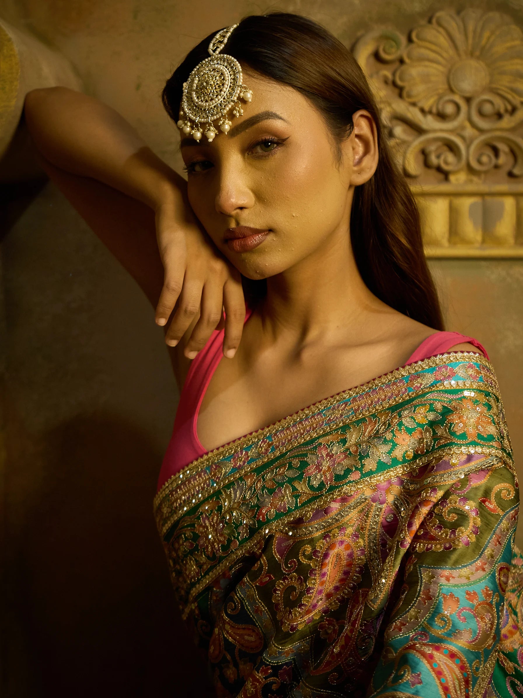 Multicolour Lotus Silk Fusion Saree | Jamawar Pattern | Designer Silk Saree