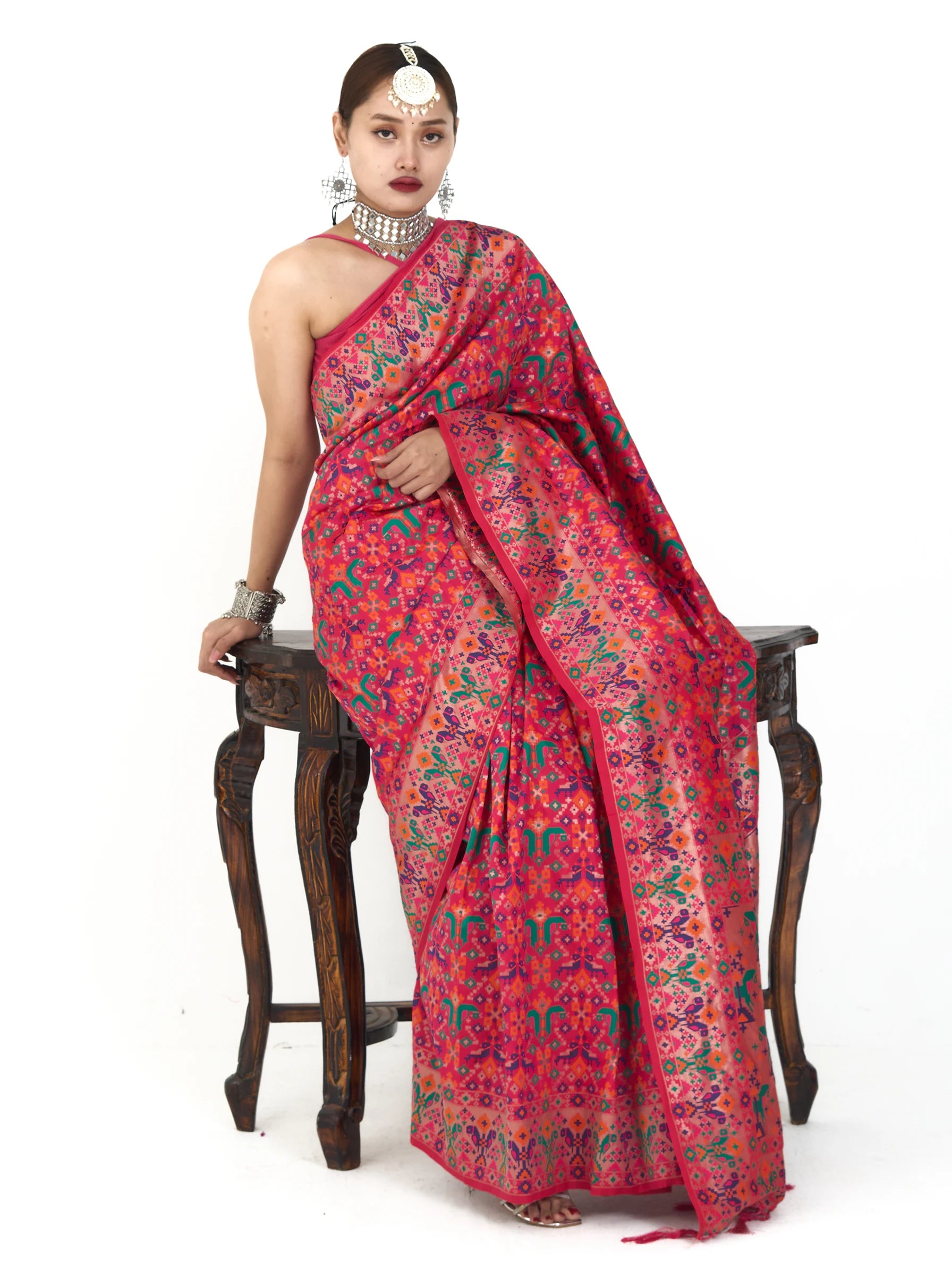 Hot Pink Patola Silk Saree | Kashmiri Ikat Print Saree | Block Print Silk Saree
