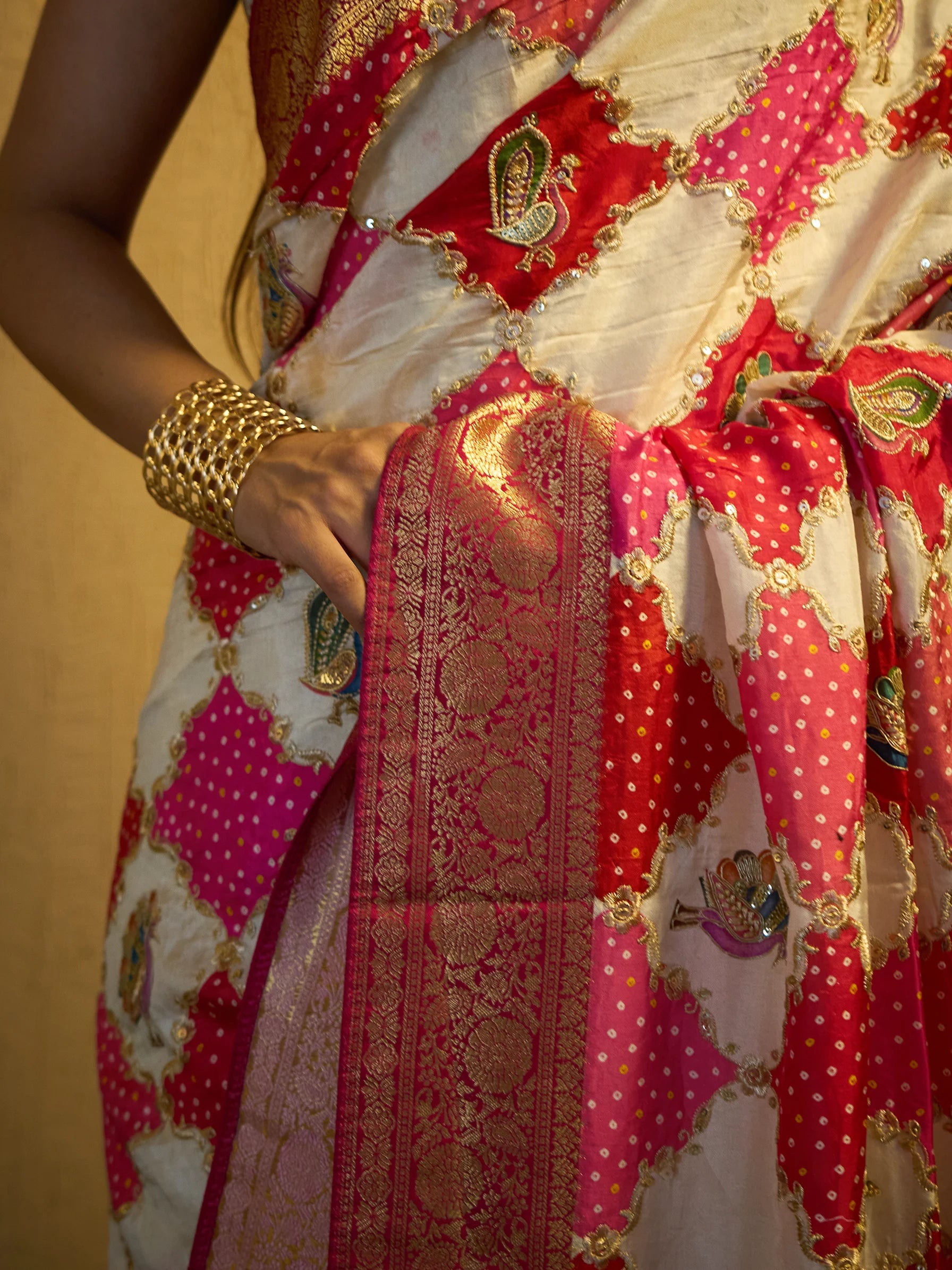Rajwada Bandhani Saree | Pink Muga Silk Saree  | Wedding Saree