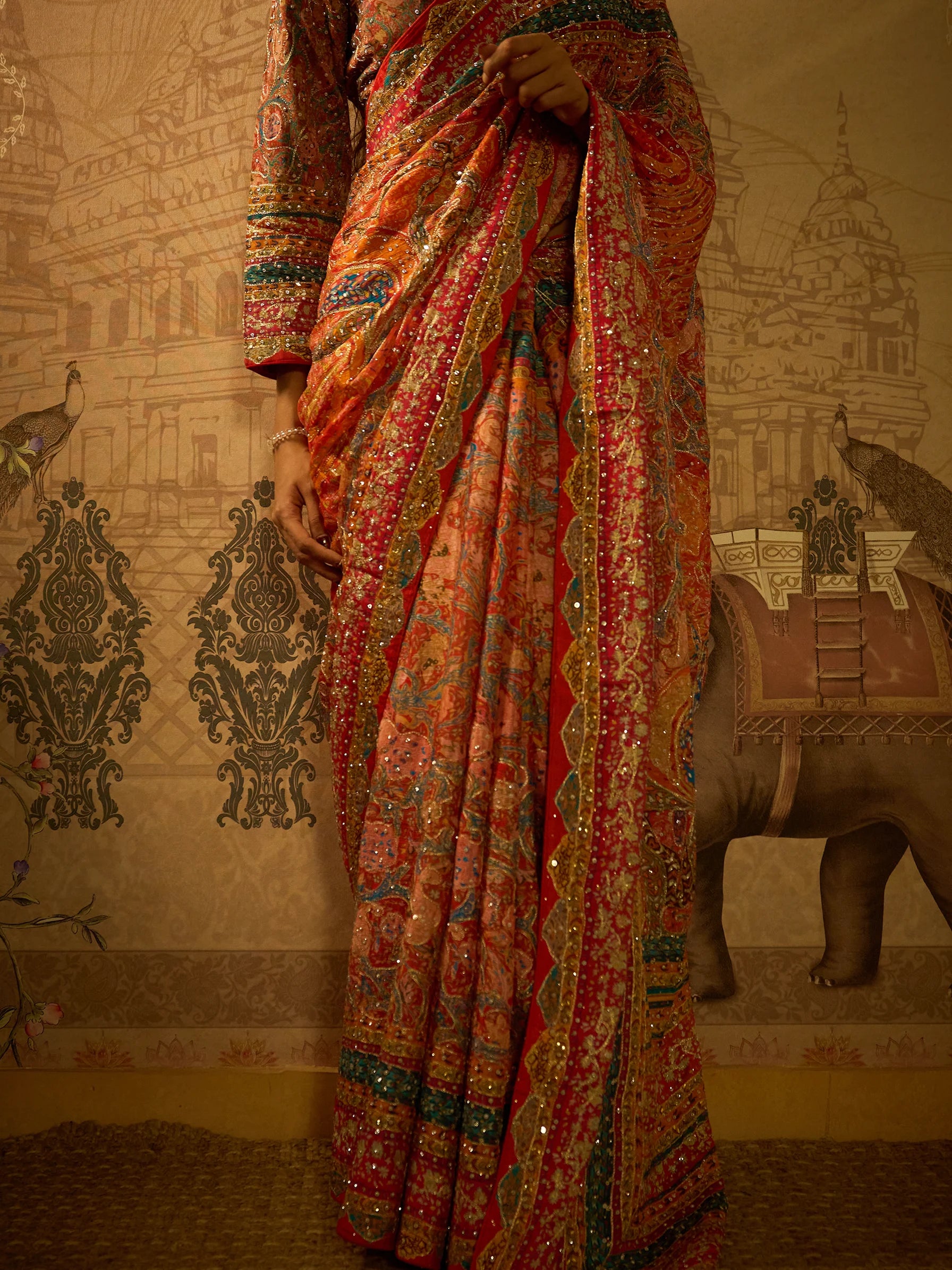 Multicolour Lotus Crepe Designer Saree | Jamawar Saree | Handcrafted Indian Bridal Saree
