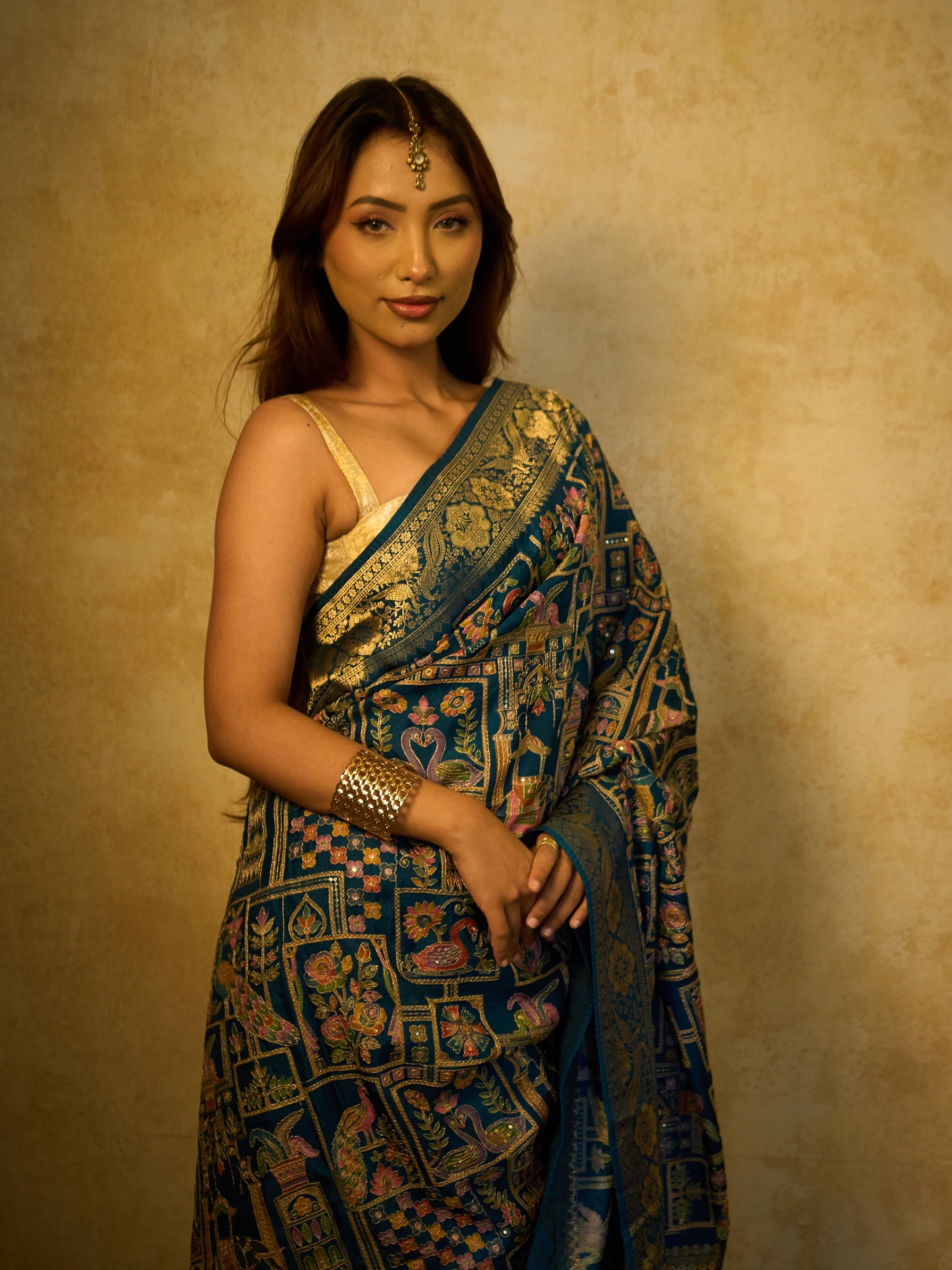 Blue Muga Silk Fusion Saree | Peacock Print Saree | Wedding Saree