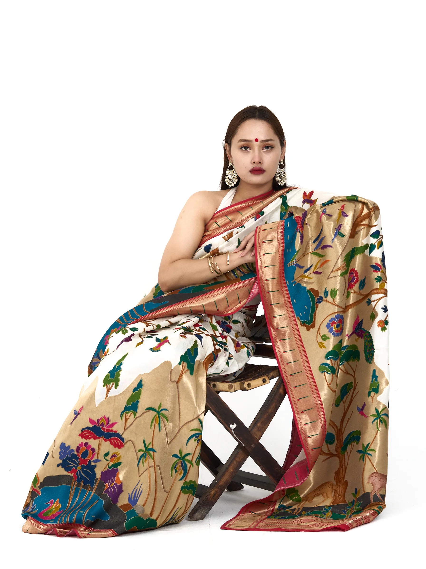 Ivory Cream Eri Silk Paithani Saree | Madhubani Print Zardozi Embroidered Saree
