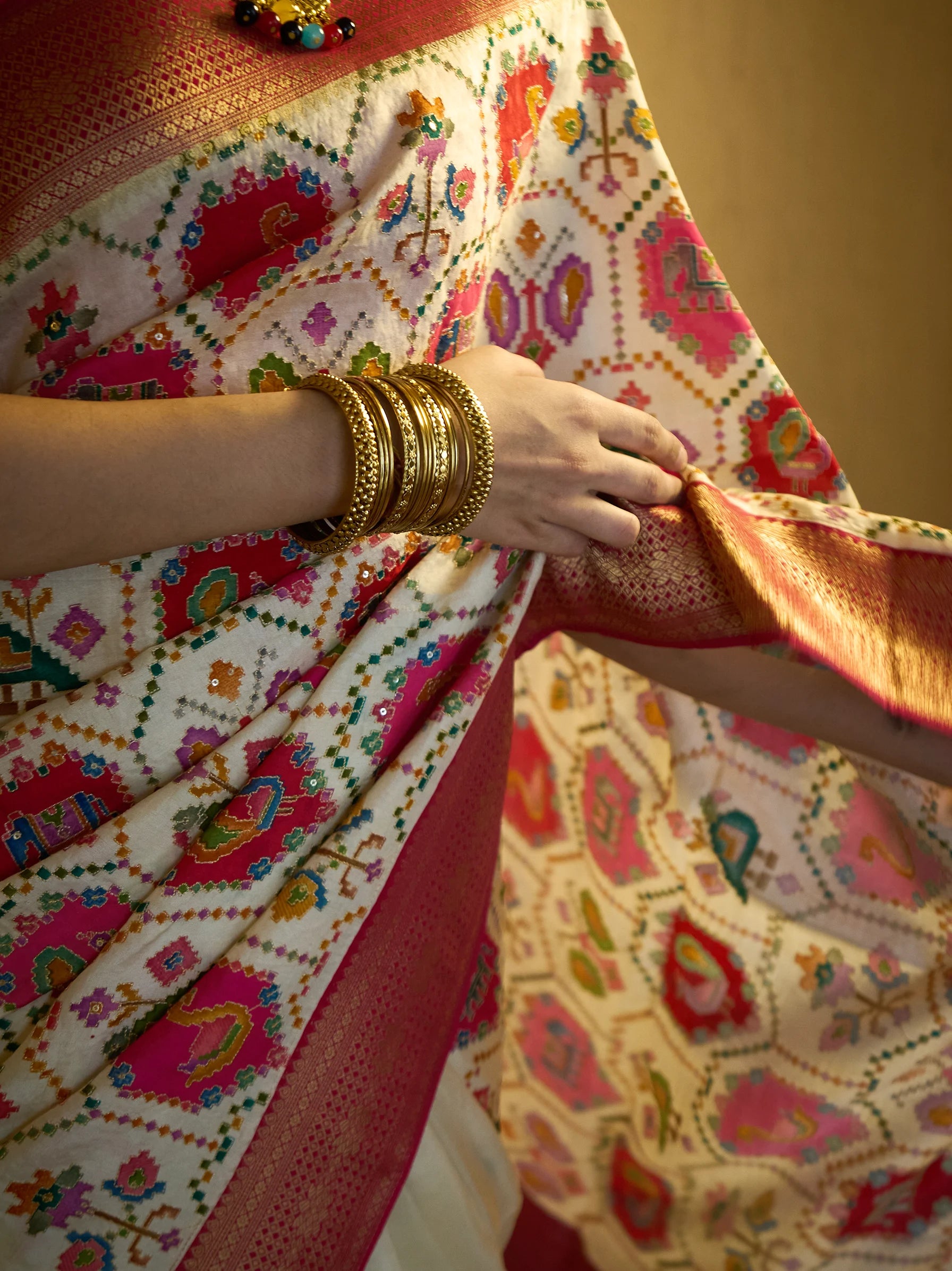 Ivory Muga Silk Patola Saree | Ikat Pattern Saree | Wedding Saree