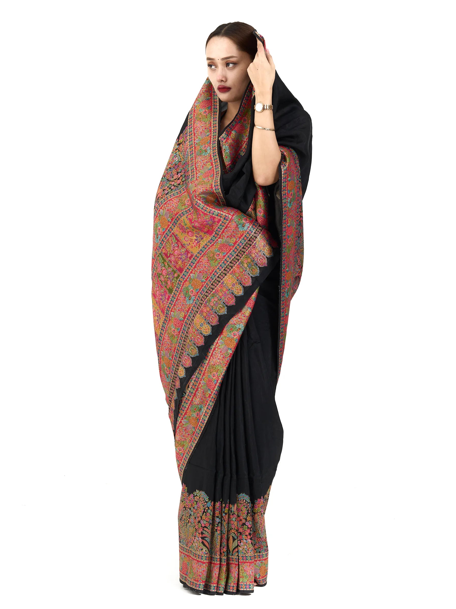 Black Pure Eri Silk Saree | Kashmiri Handloom Aari Embroidery Saree