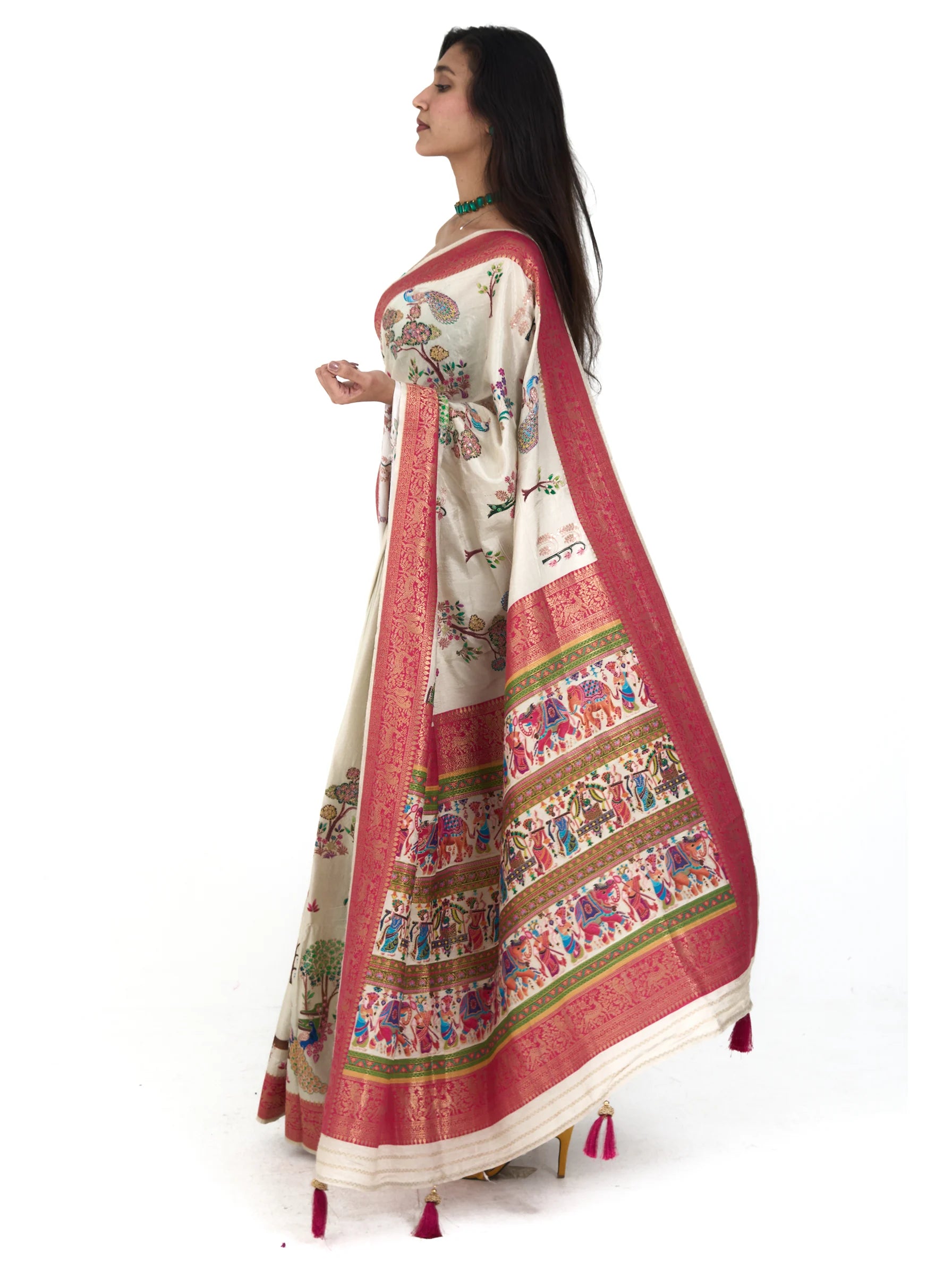 Ivory Kalamkari Silk Saree | Eri Silk Embroidered Saree | Floral Peacock Print Saree | Indian Wedding Saree