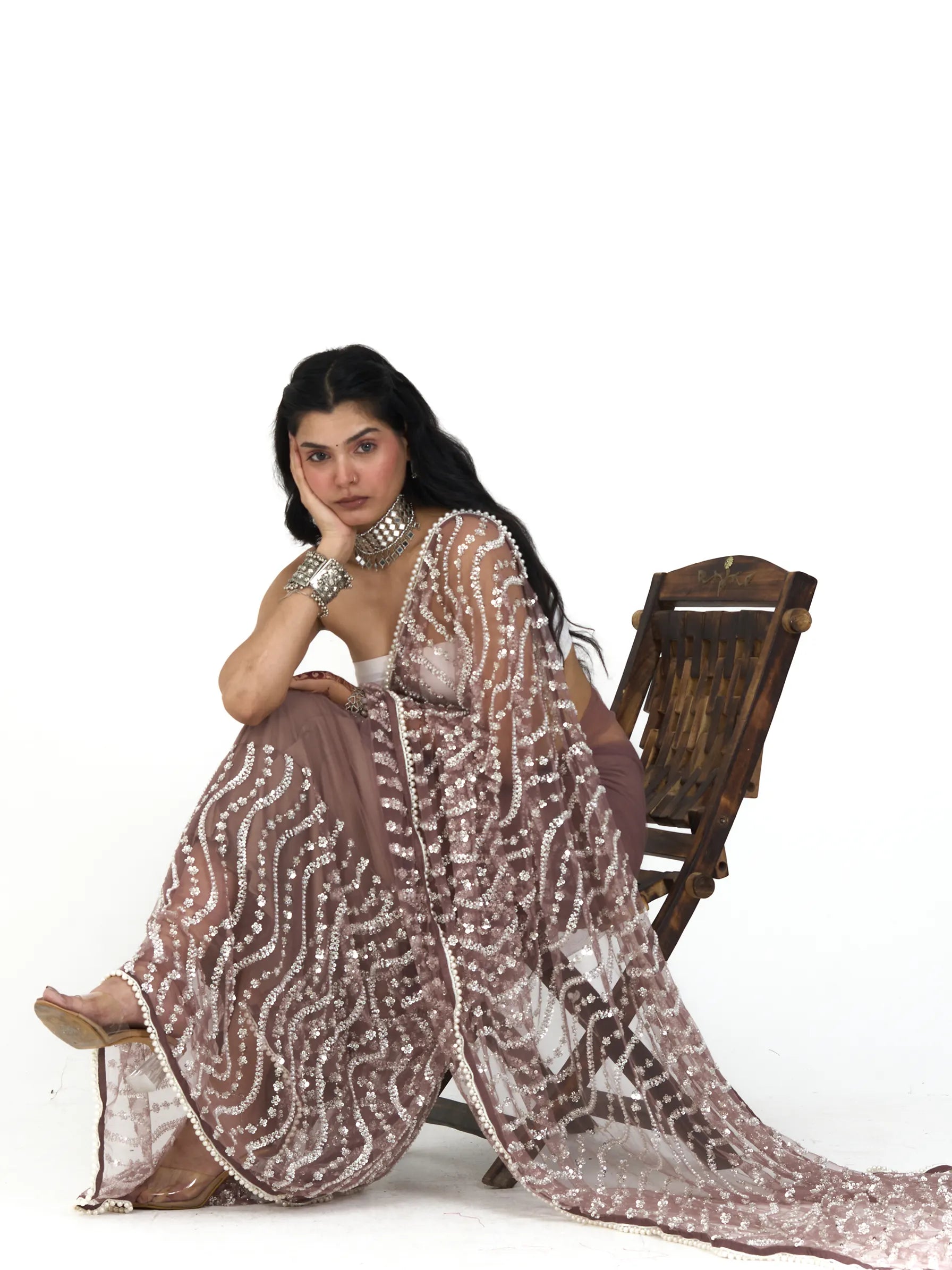 Pink Leheriya Net Saree | Sequin Embroidered Bamboo Net Saree | Striped Wave Saree