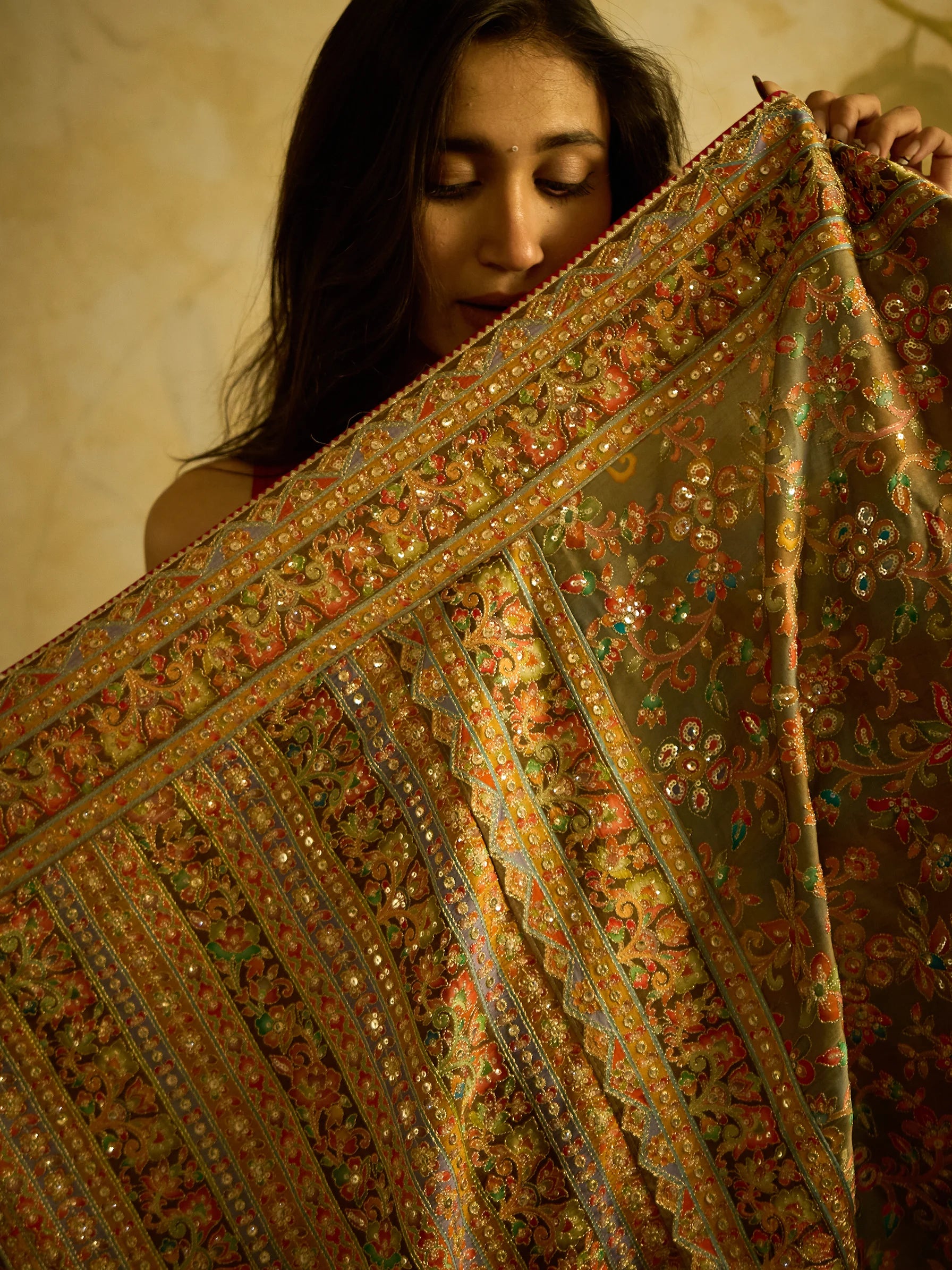 Green Lotus Silk Fusion Saree | Jamawar Print Saree | Designer floral Saree