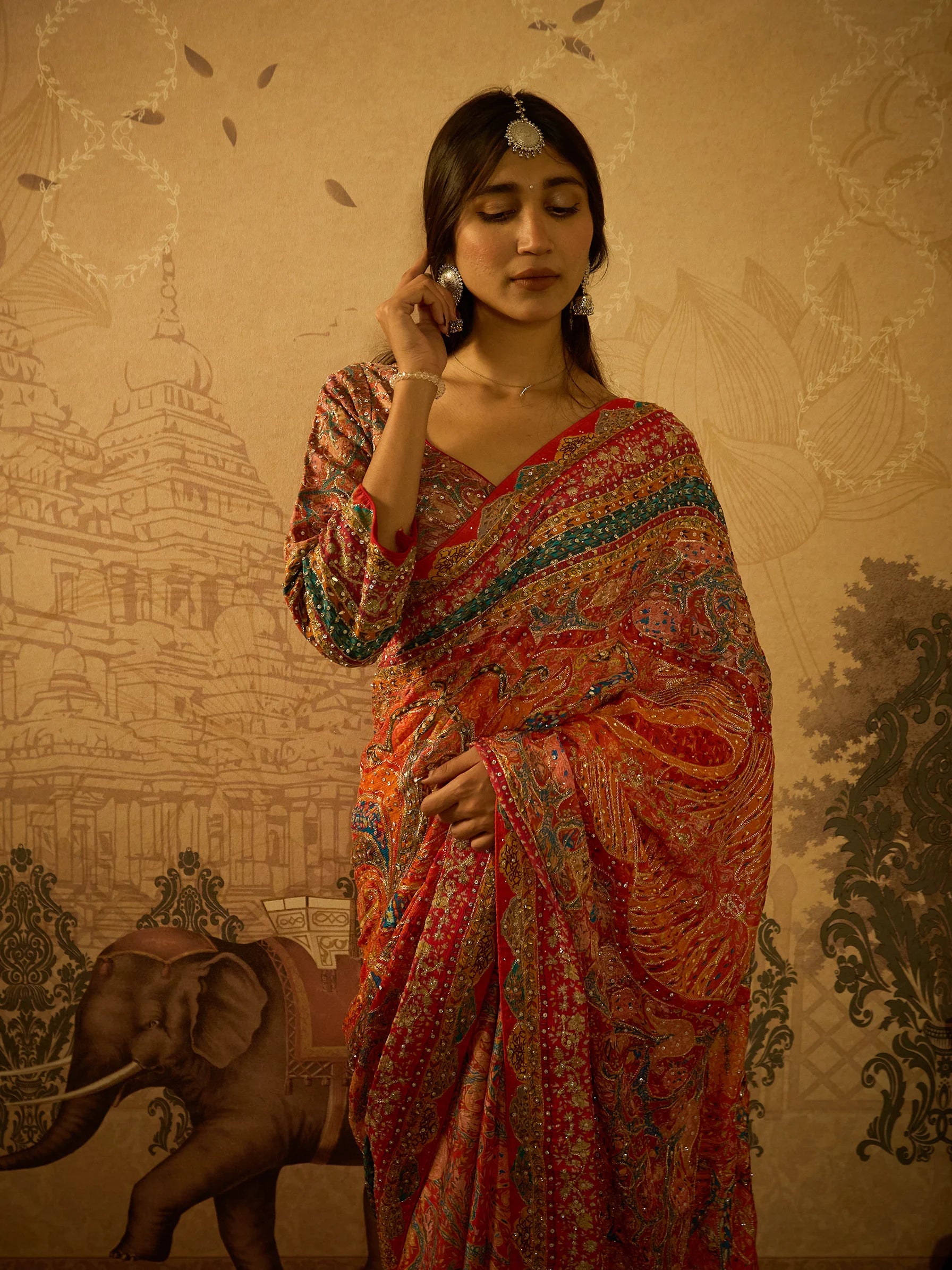 Multicolour Lotus Crepe Designer Saree | Jamawar Saree | Handcrafted Indian Bridal Saree