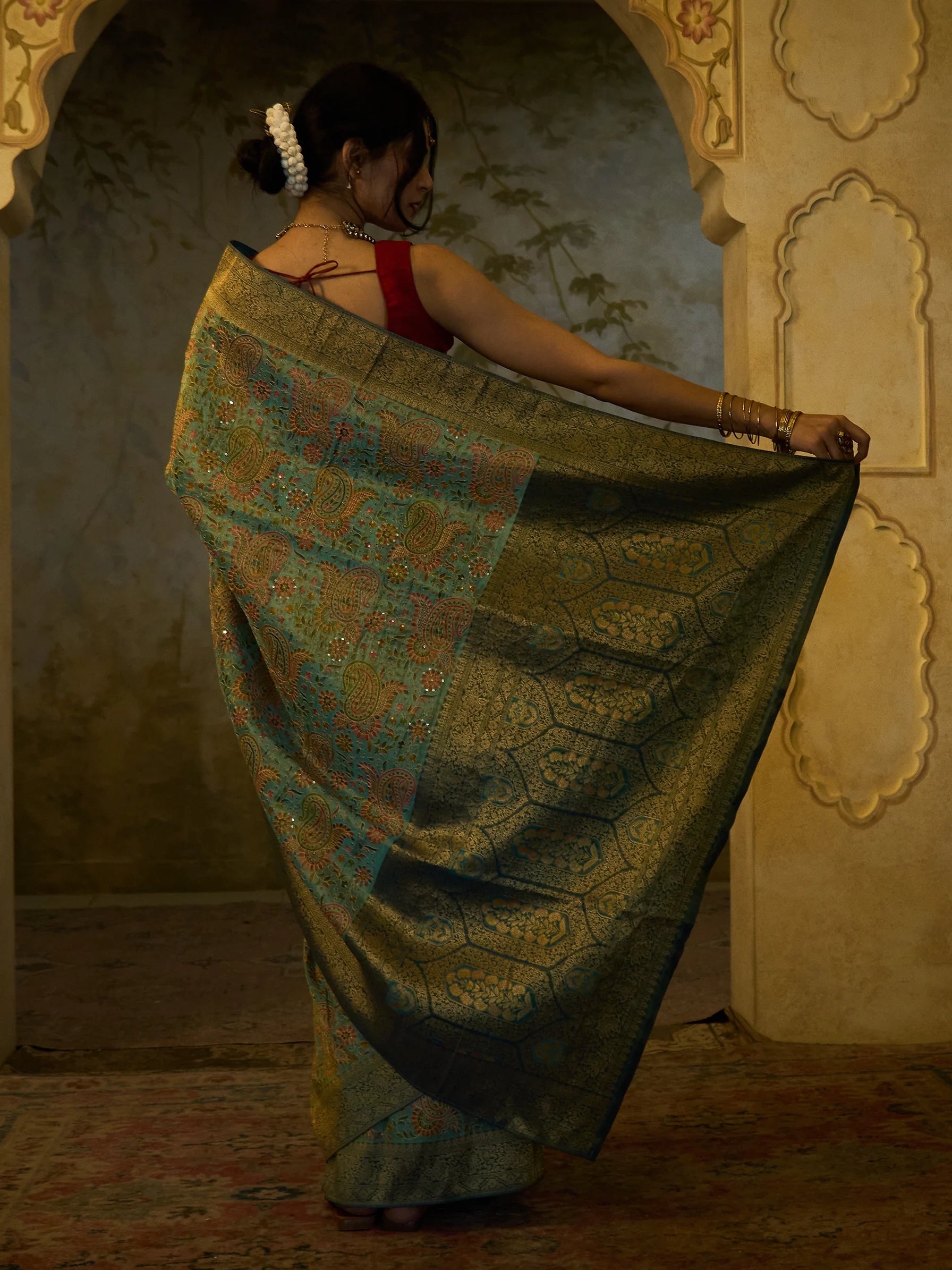 Blue Bamboo Tissue Fusion Saree | Jamawar Print Saree | Handloom Indian Saree