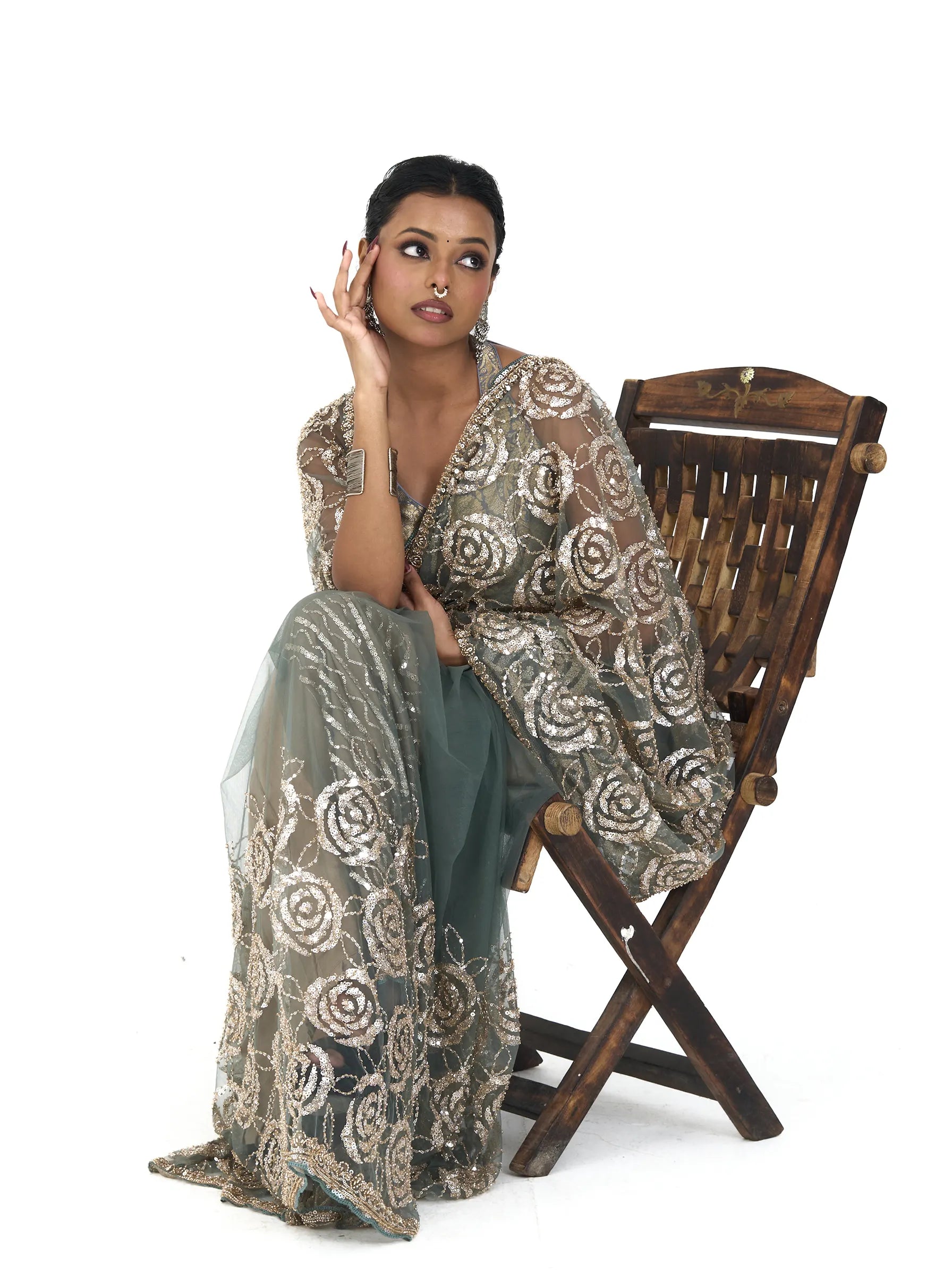 Green Bamboo Net Saree | Rose Gold Sequin Embroidered Floral Saree