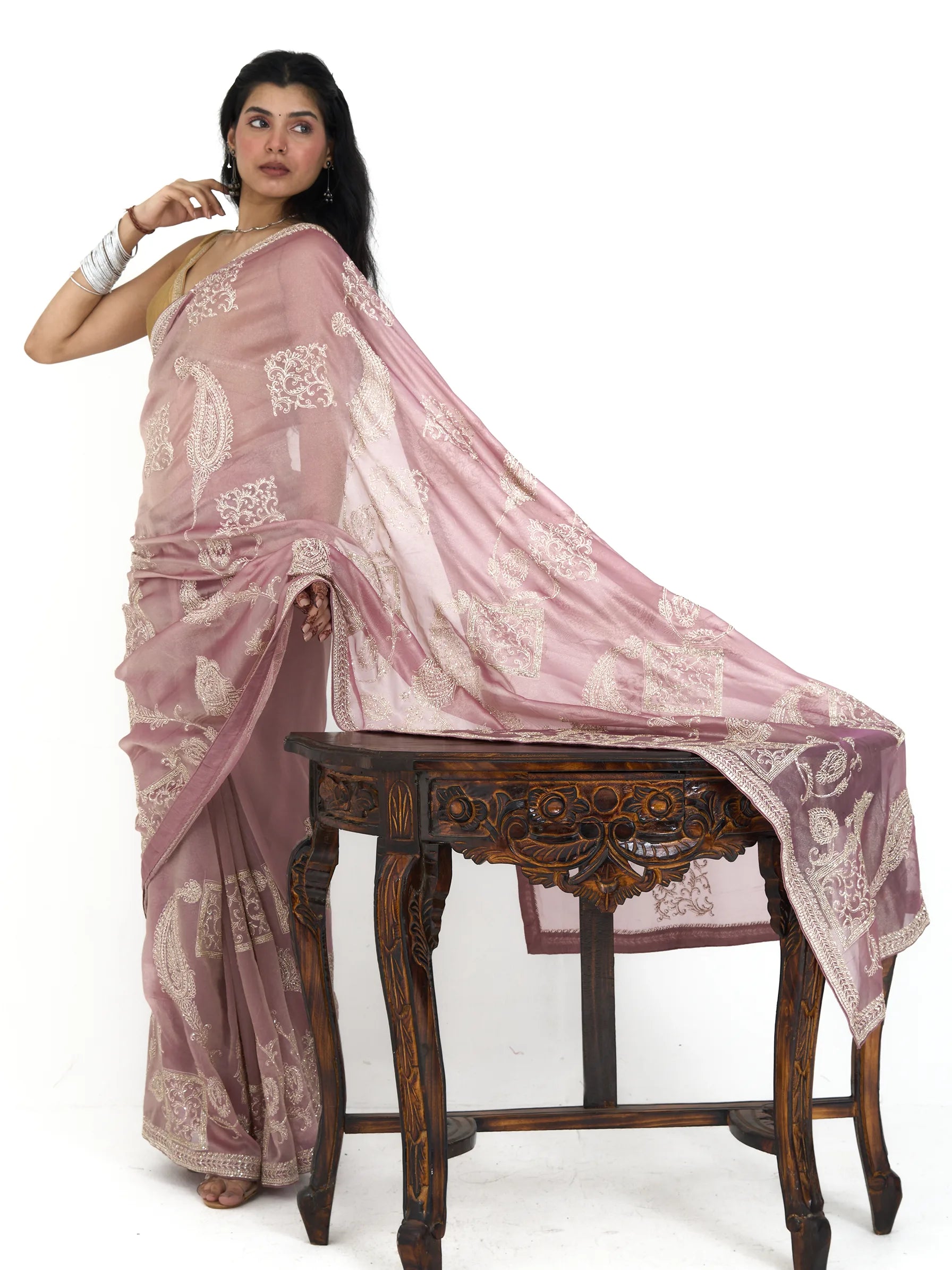 Pink Tissue Silk Saree | Zardozi Embroidered Phulkari Saree