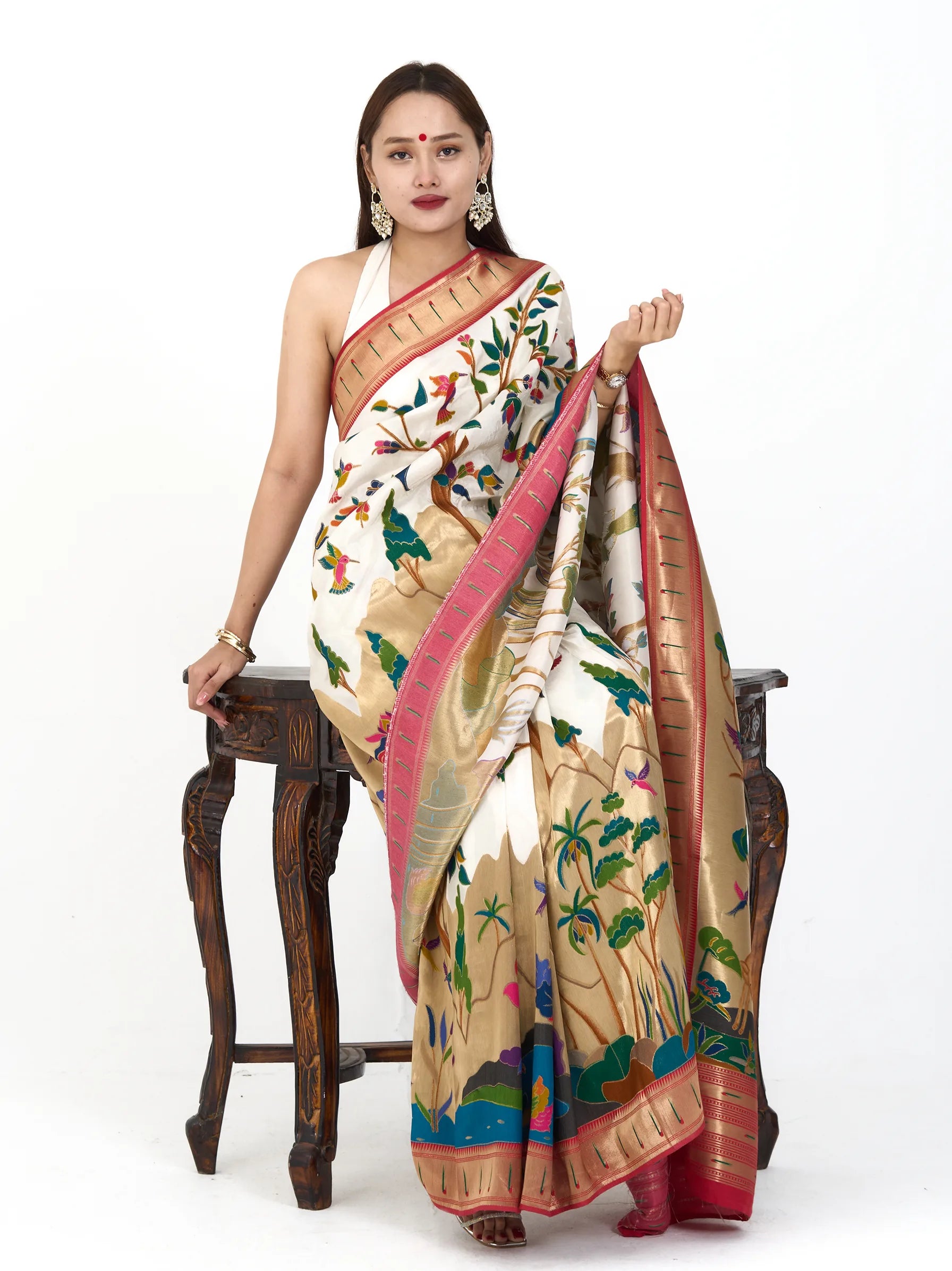 Ivory Cream Eri Silk Paithani Saree | Madhubani Print Zardozi Embroidered Saree