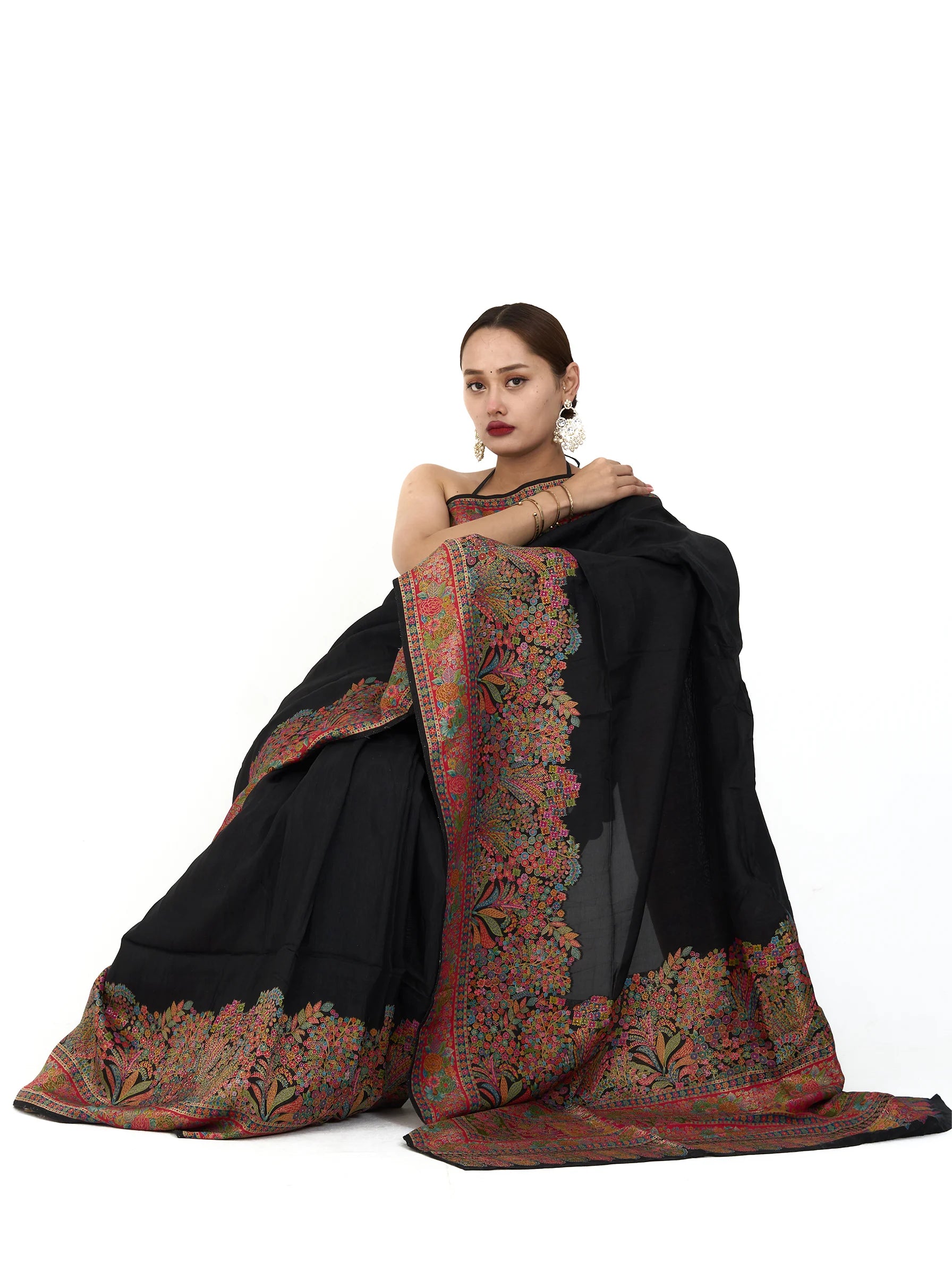 Black Pure Eri Silk Saree | Kashmiri Handloom Aari Embroidery Saree