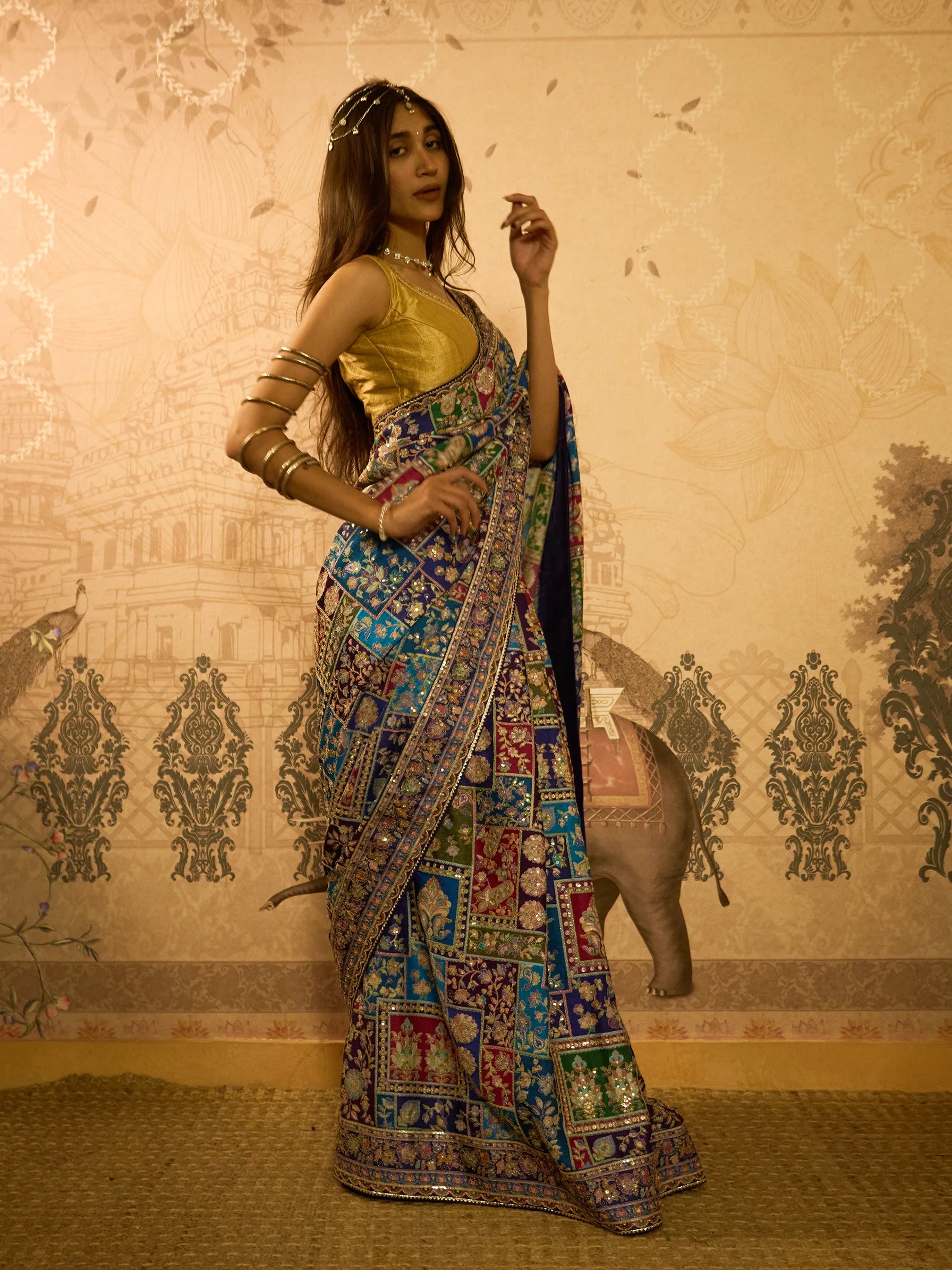 Multicolour Lotus Silk Designer Saree | Jamawar Saree | Handcrafted Indian Bridal Saree