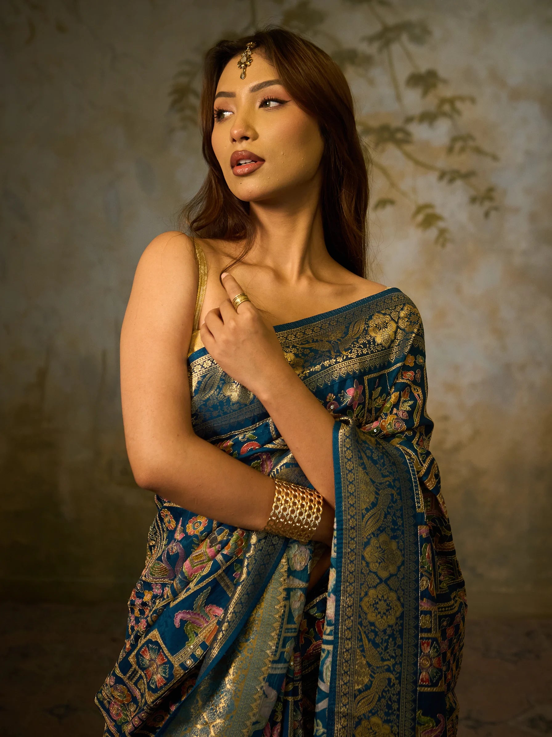 Blue Muga Silk Fusion Saree | Peacock Print Saree | Wedding Saree