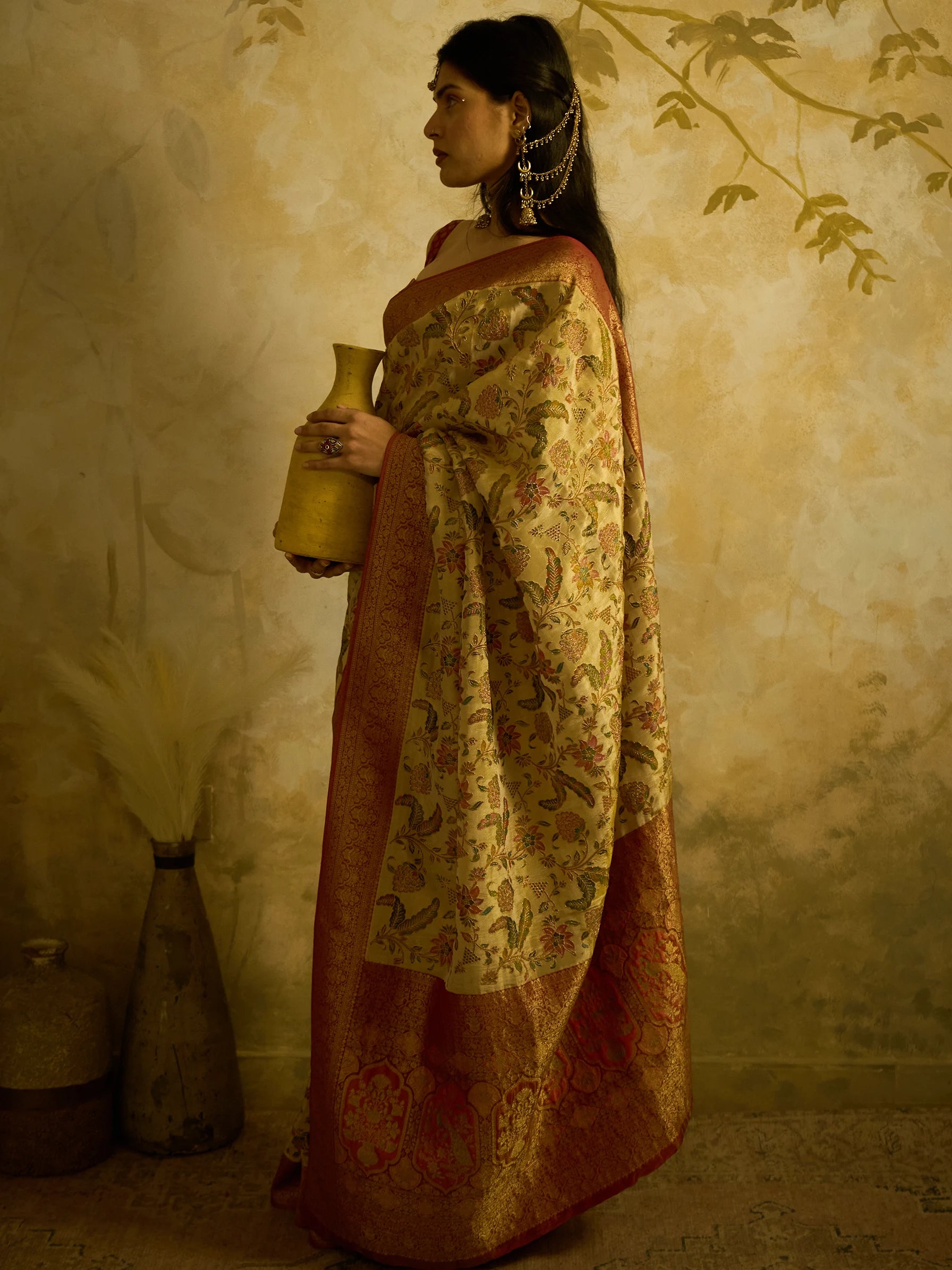 Gold Bamboo Tissue Fusion Saree | Jamawar Print Saree | Handcrafted Indian Bridal Saree