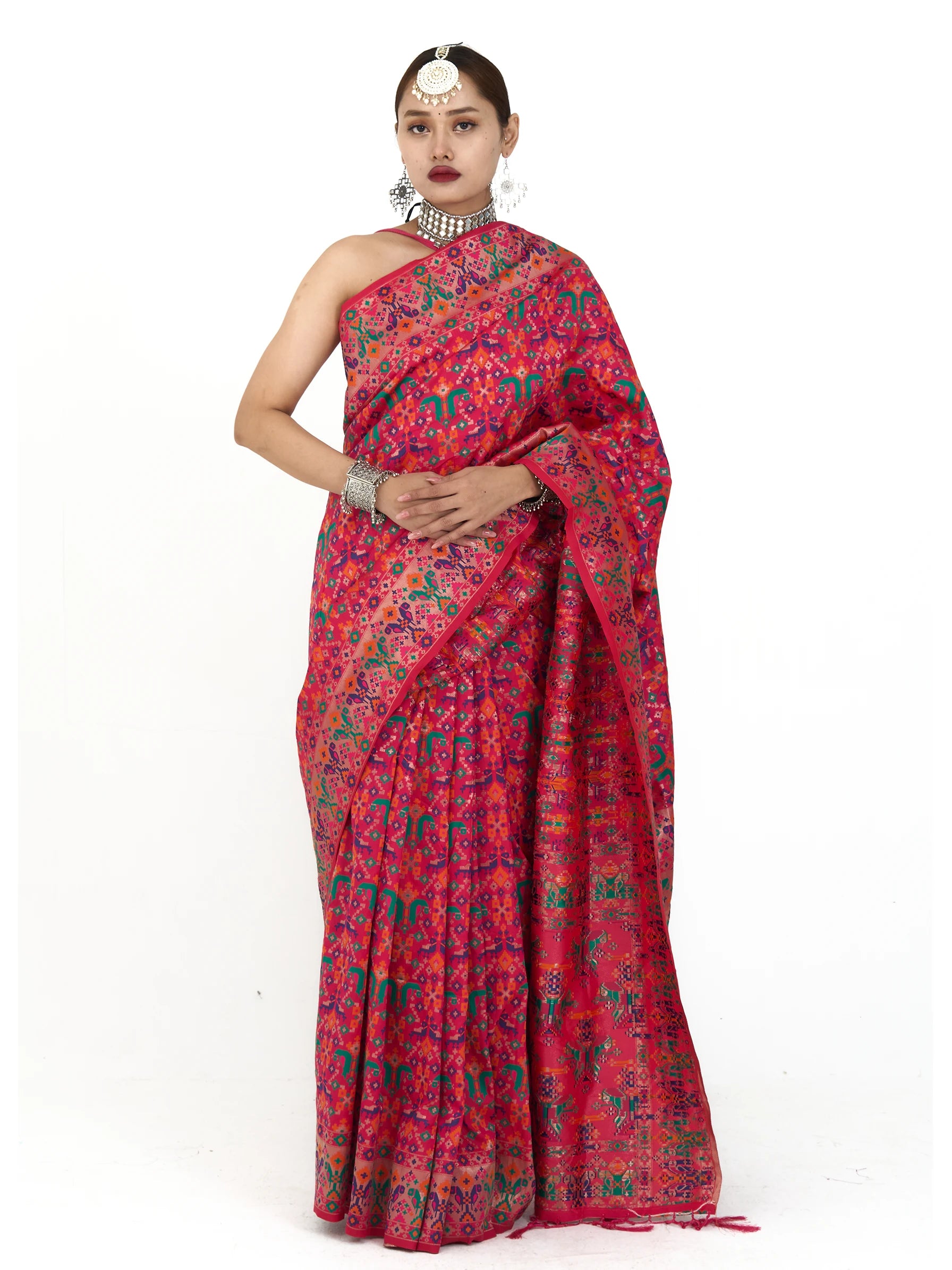 Hot Pink Patola Silk Saree | Kashmiri Ikat Print Saree | Block Print Silk Saree