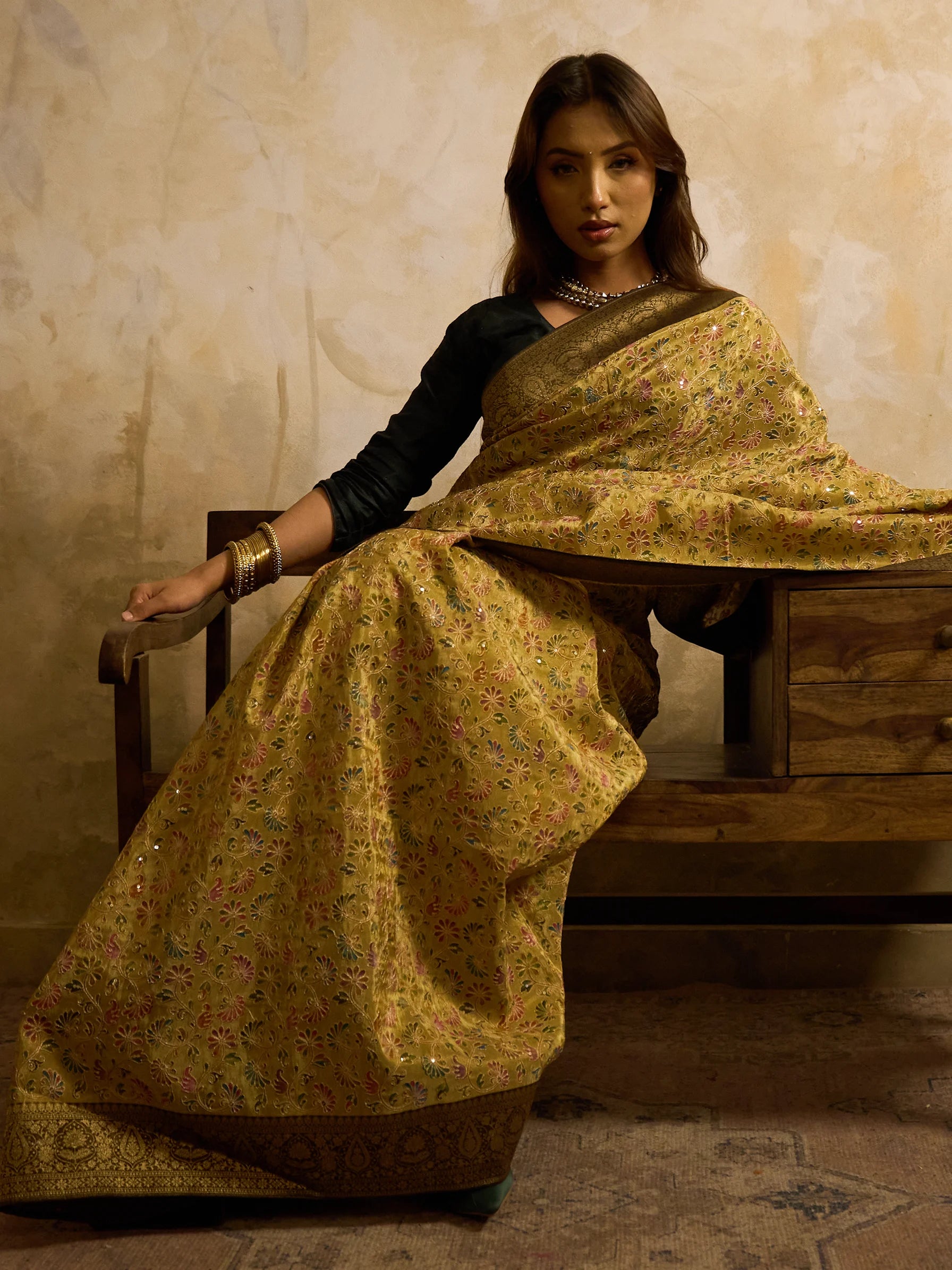 Green Bamboo Tissue Fusion Saree | Phulkari Print | Handcrafted Indian Wedding Saree