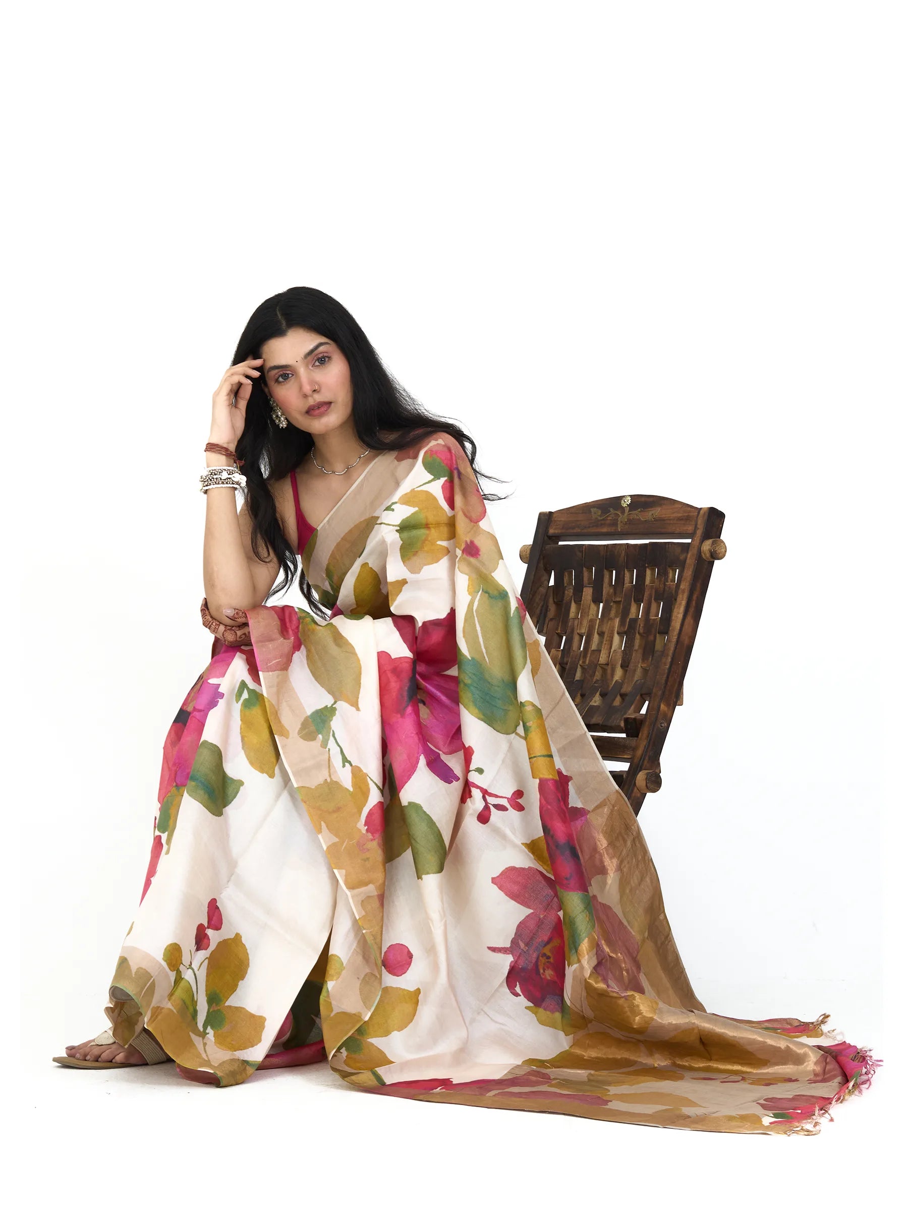 Ivory Tussar Silk Saree | Watercolor Floral Digital Print