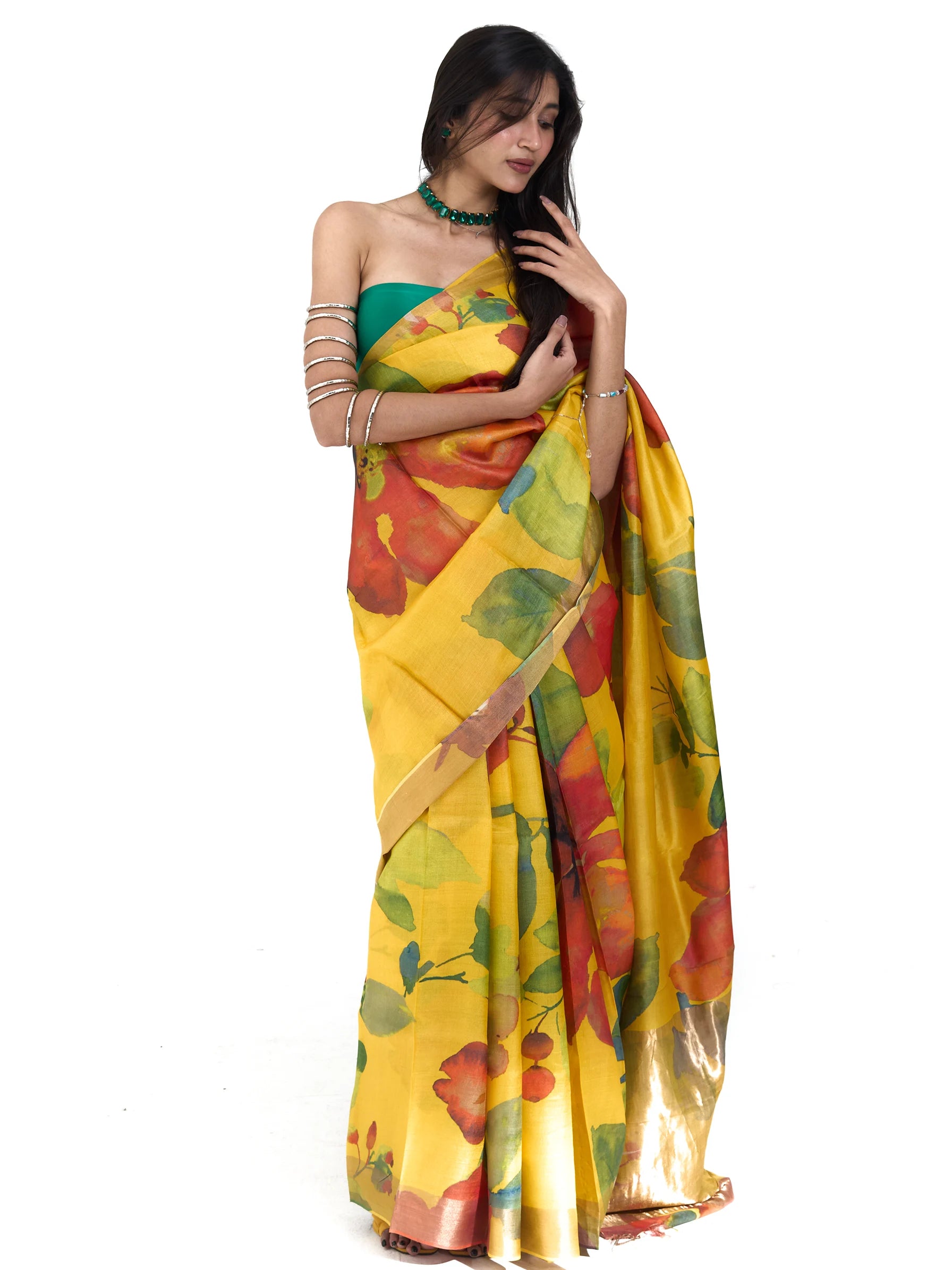 Yellow Tussar Silk Saree | Floral Block Print Phulkari Saree