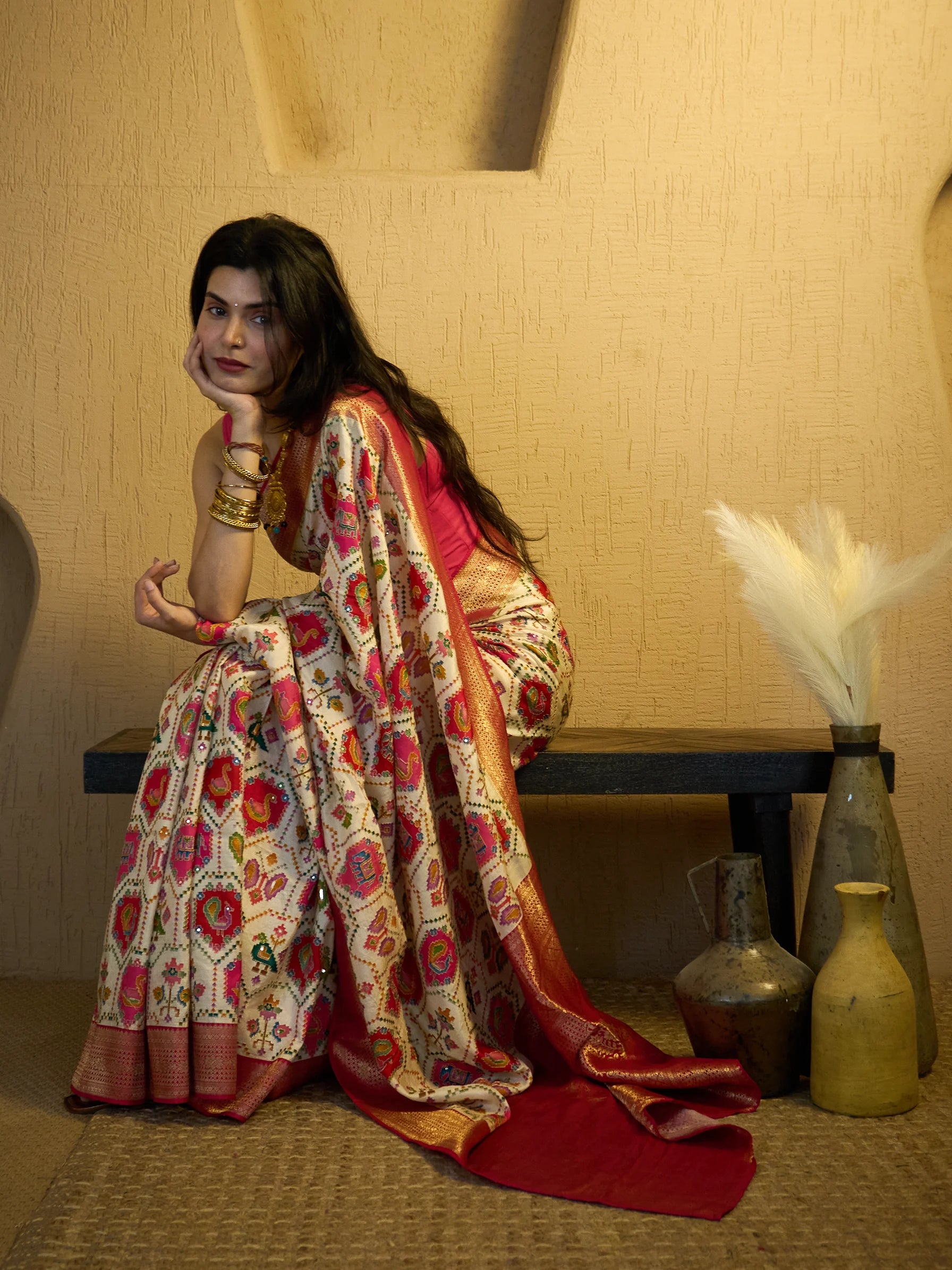 Ivory Muga Silk Patola Saree | Ikat Pattern Saree | Wedding Saree