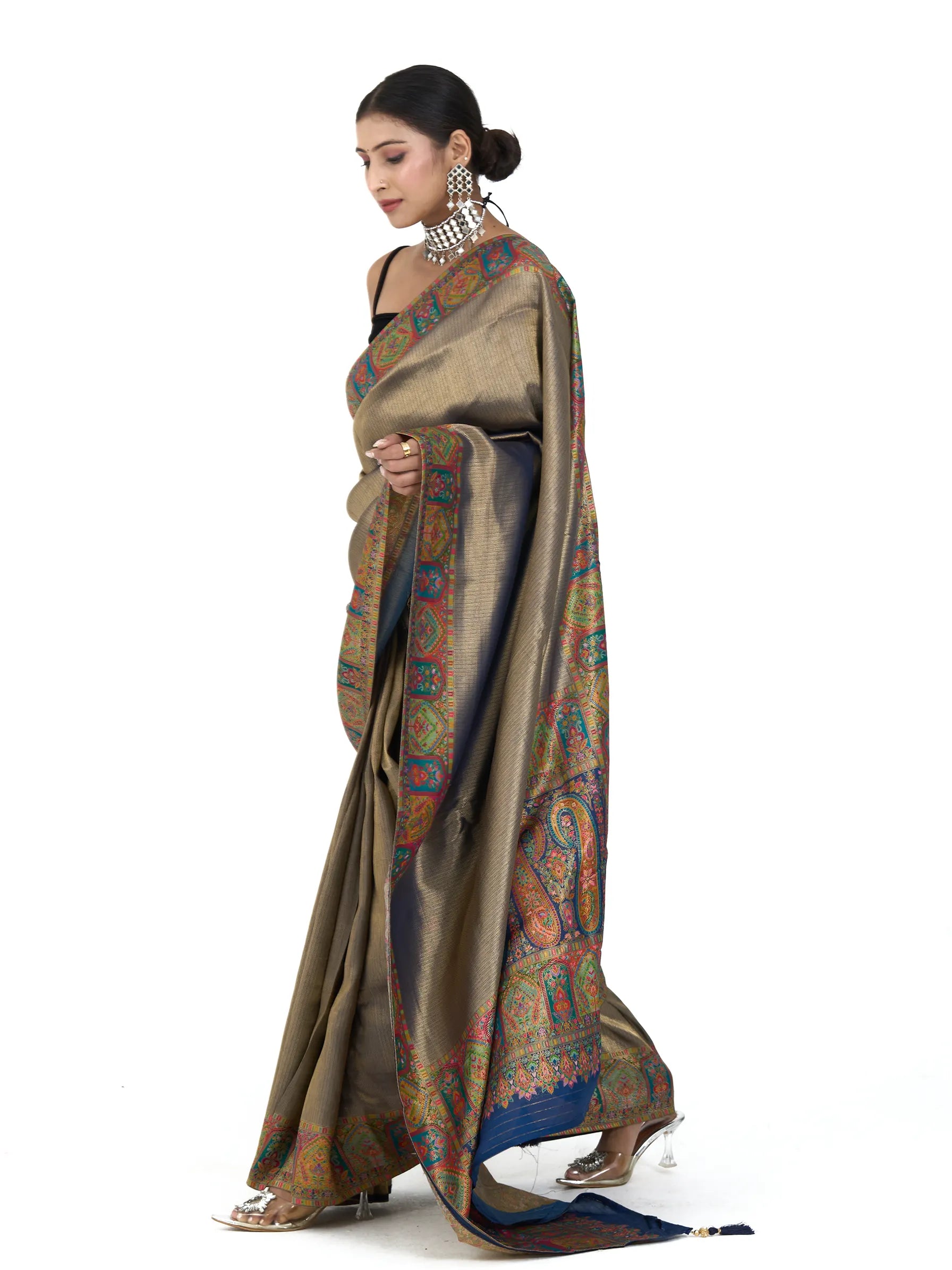 Champagne Gold Banarasi Eri Silk Saree | Paisley Ambi Brocade Zari Work