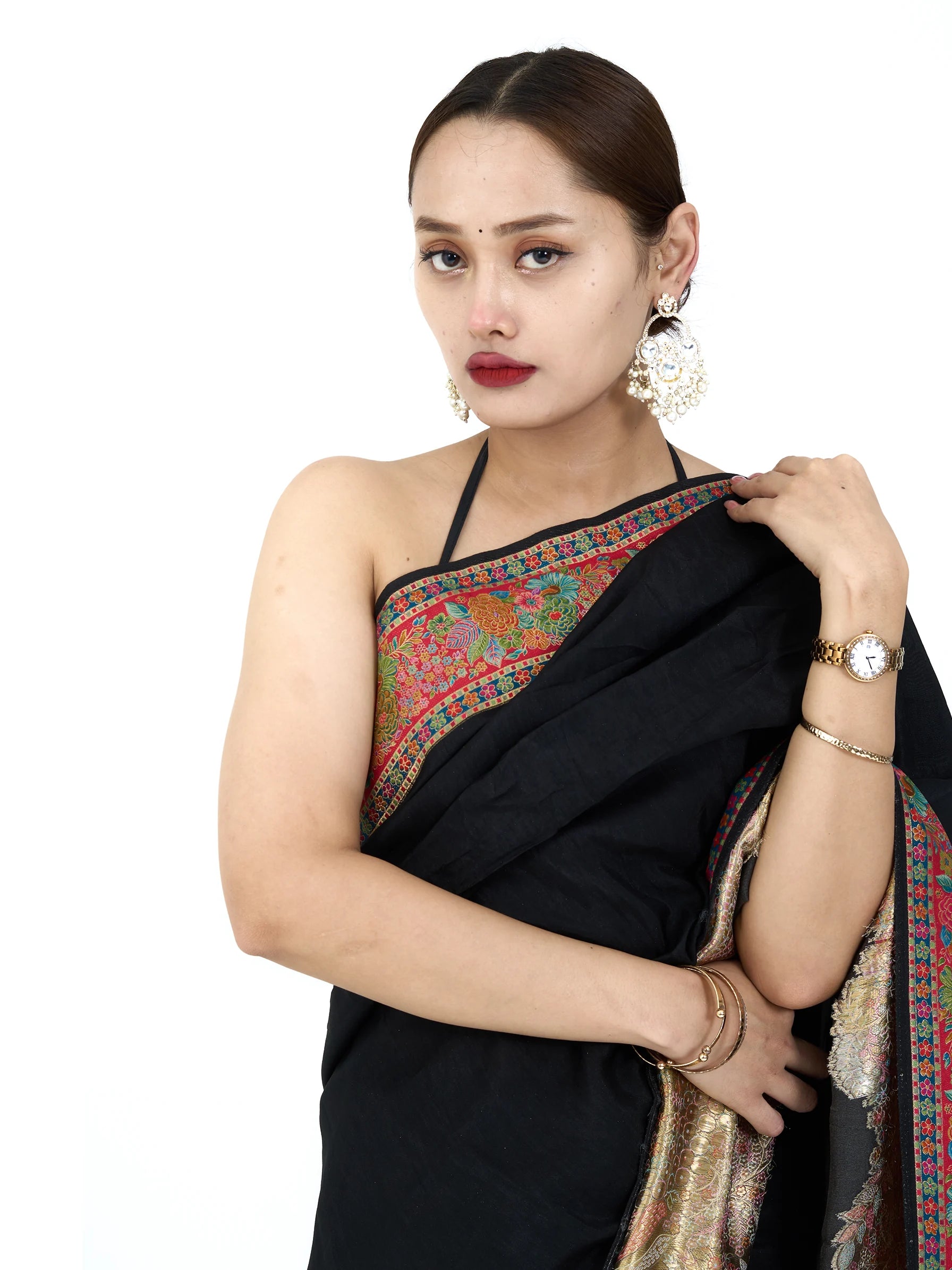 Black Pure Eri Silk Saree | Kashmiri Handloom Aari Embroidery Saree