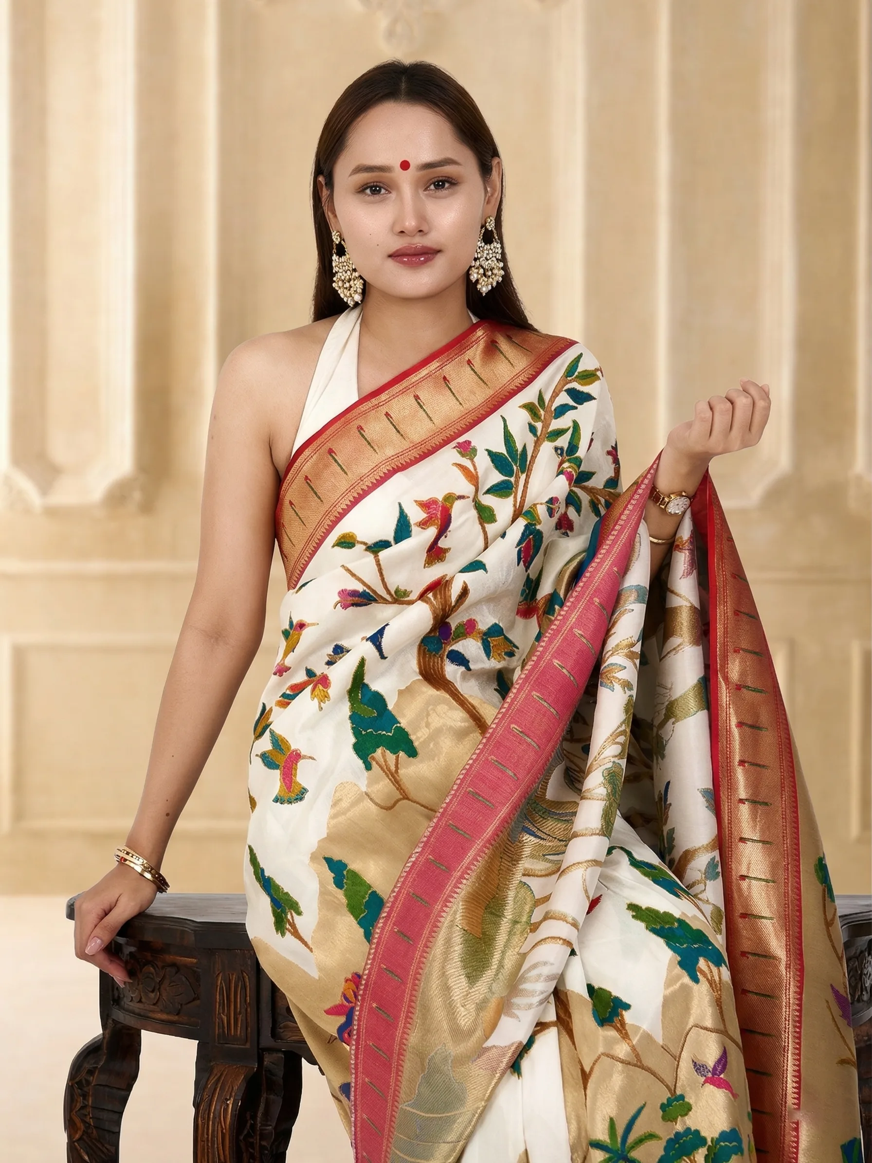 Ivory Cream Eri Silk Paithani Saree | Madhubani Print Zardozi Embroidered Saree