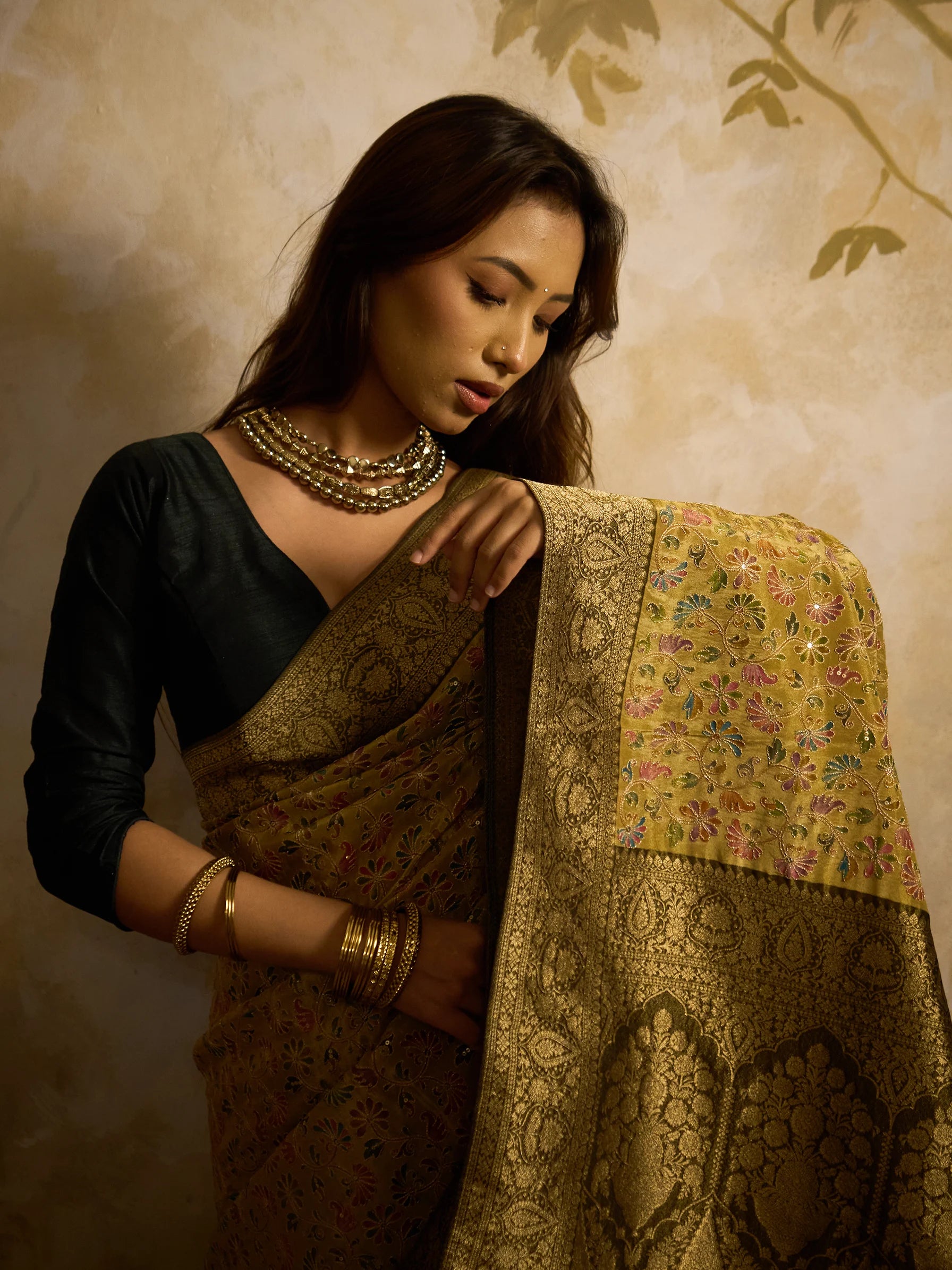 Green Bamboo Tissue Fusion Saree | Phulkari Print | Handcrafted Indian Wedding Saree