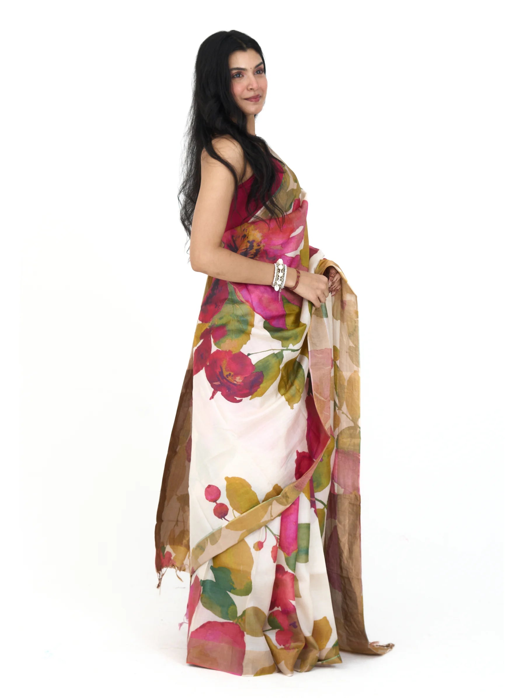 Ivory Tussar Silk Saree | Watercolor Floral Digital Print