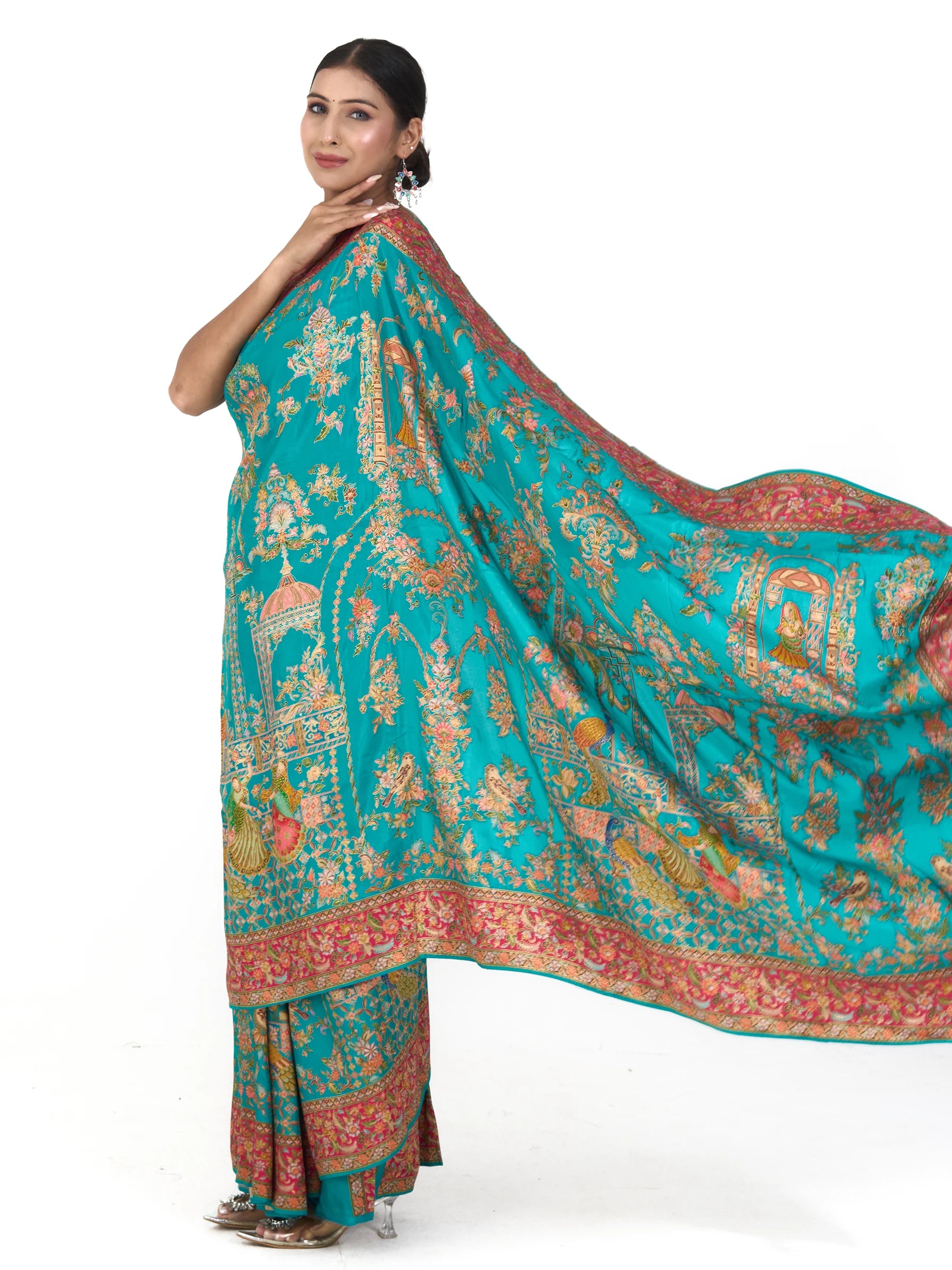 Rajwada Print Pure Eri Vegan Silk Saree | Kalamkari Zardozi Embroidered Blue Saree