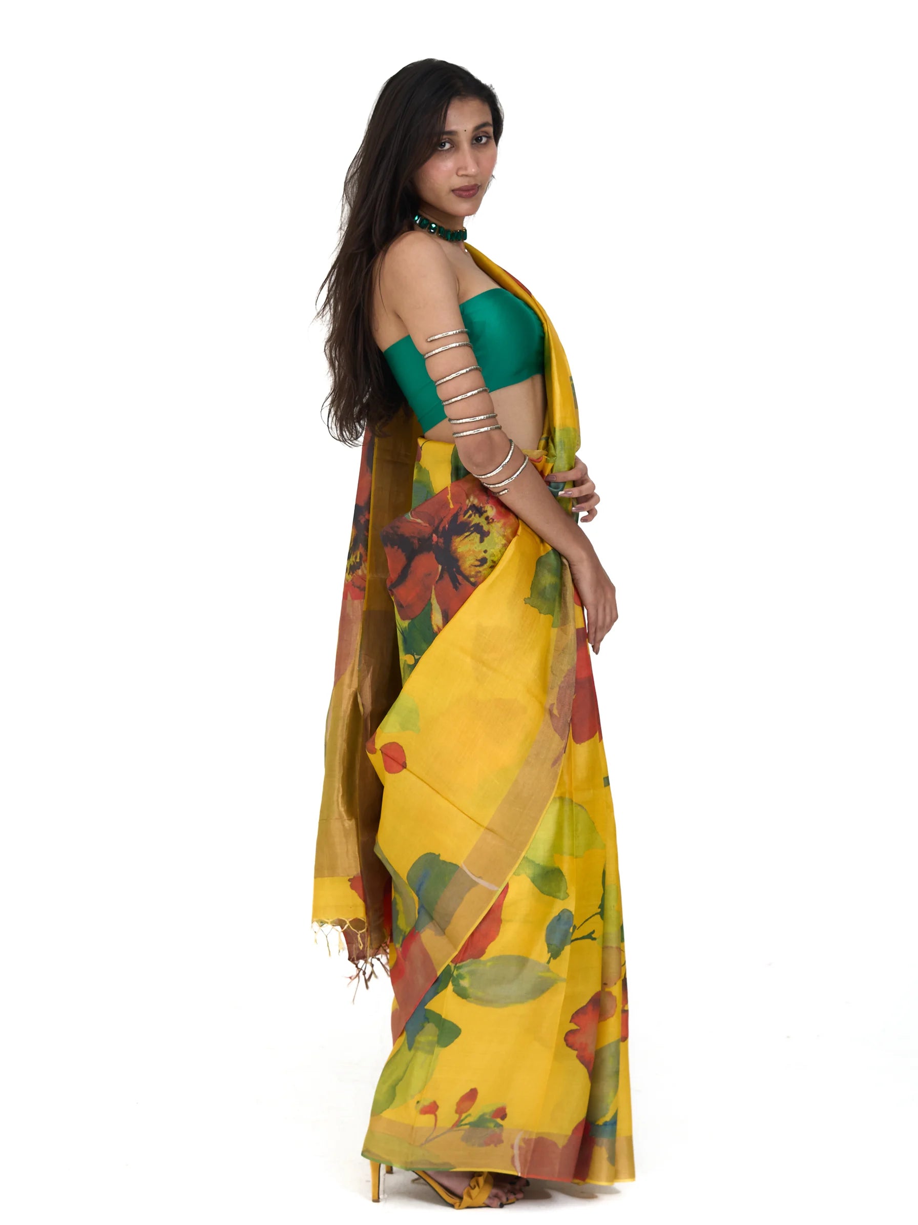 Yellow Tussar Silk Saree | Floral Block Print Phulkari Saree