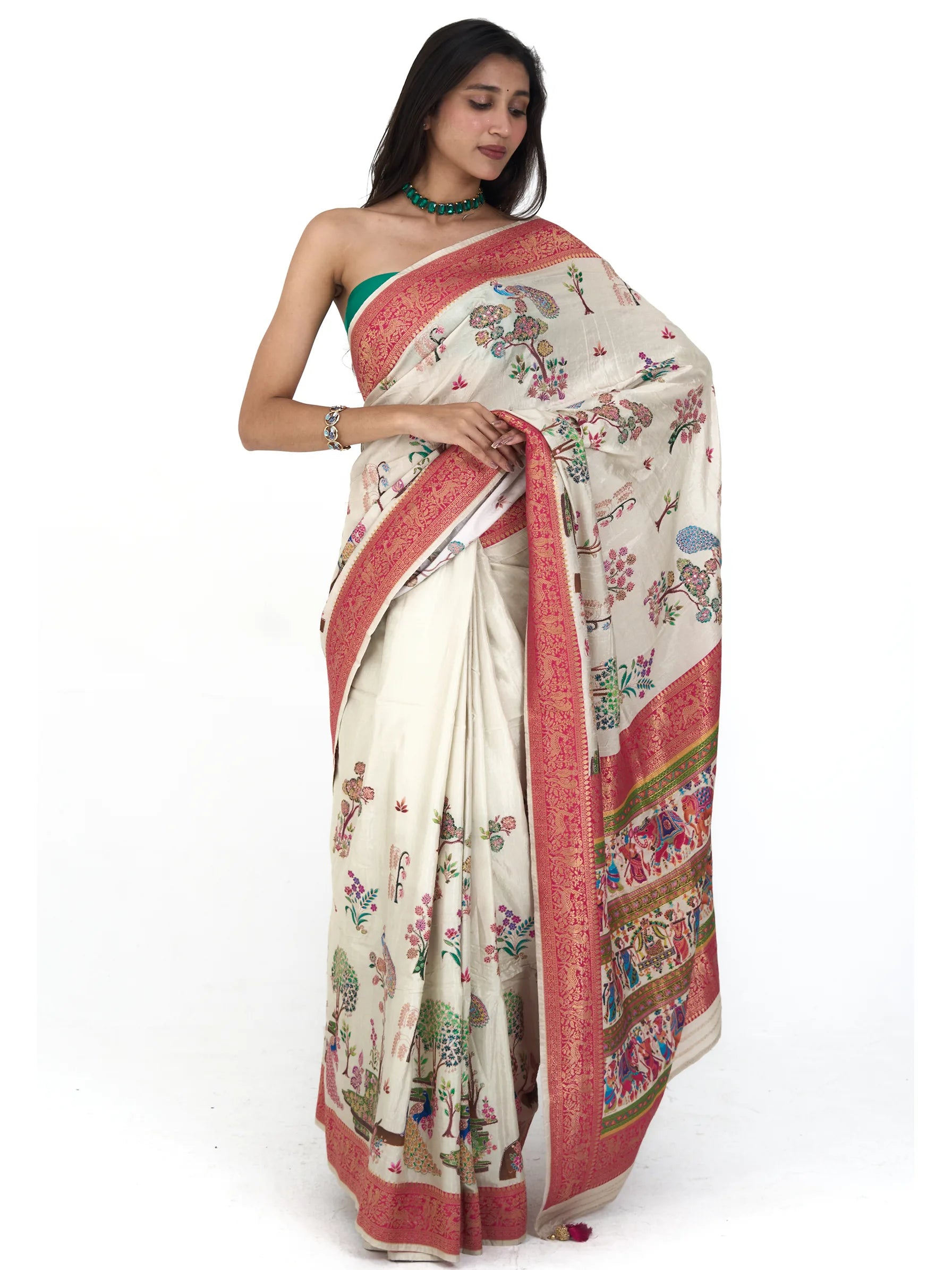 Ivory Kalamkari Silk Saree | Eri Silk Embroidered Saree | Floral Peacock Print Saree | Indian Wedding Saree