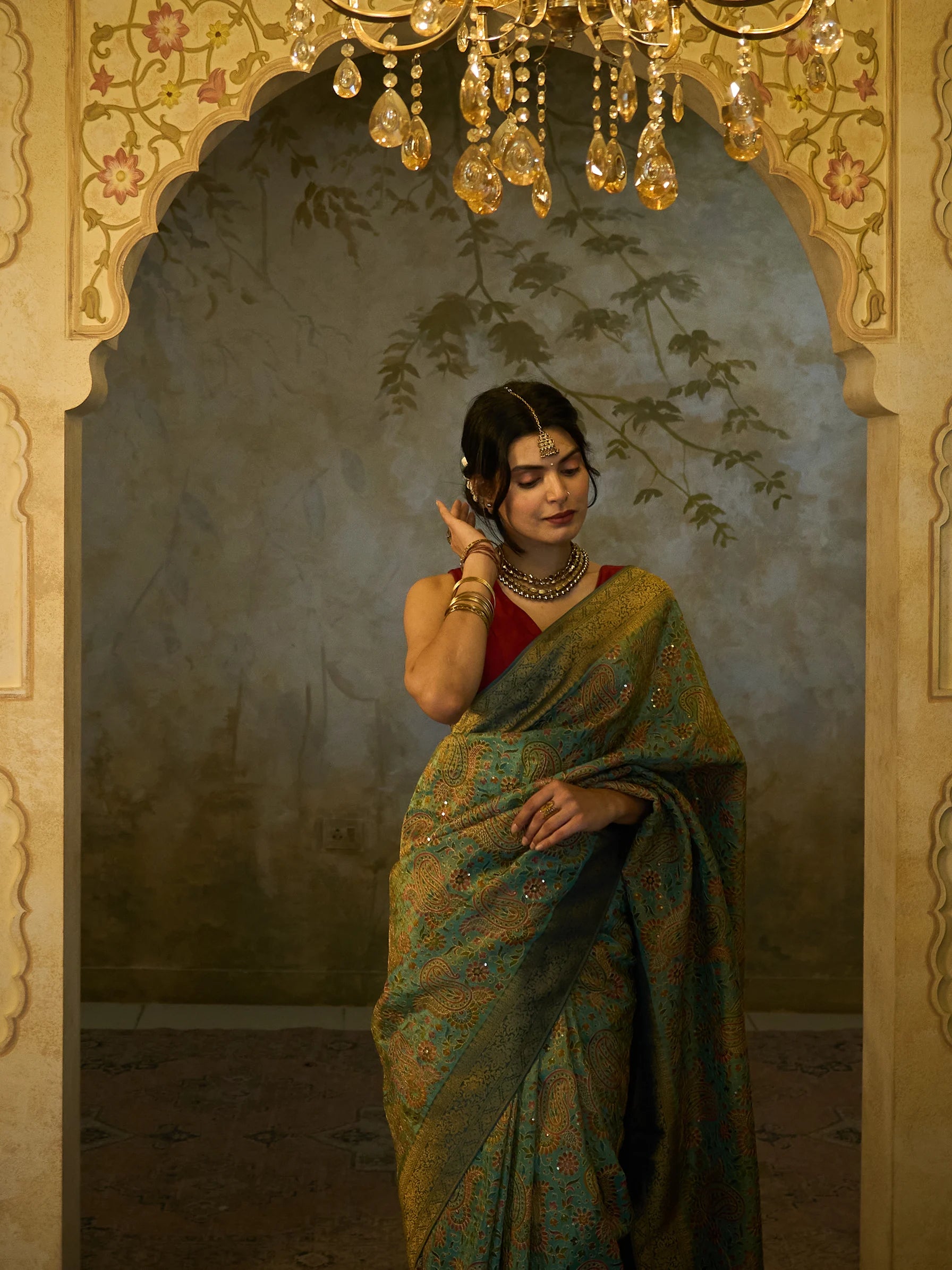 Blue Bamboo Tissue Fusion Saree | Jamawar Print Saree | Handloom Indian Saree