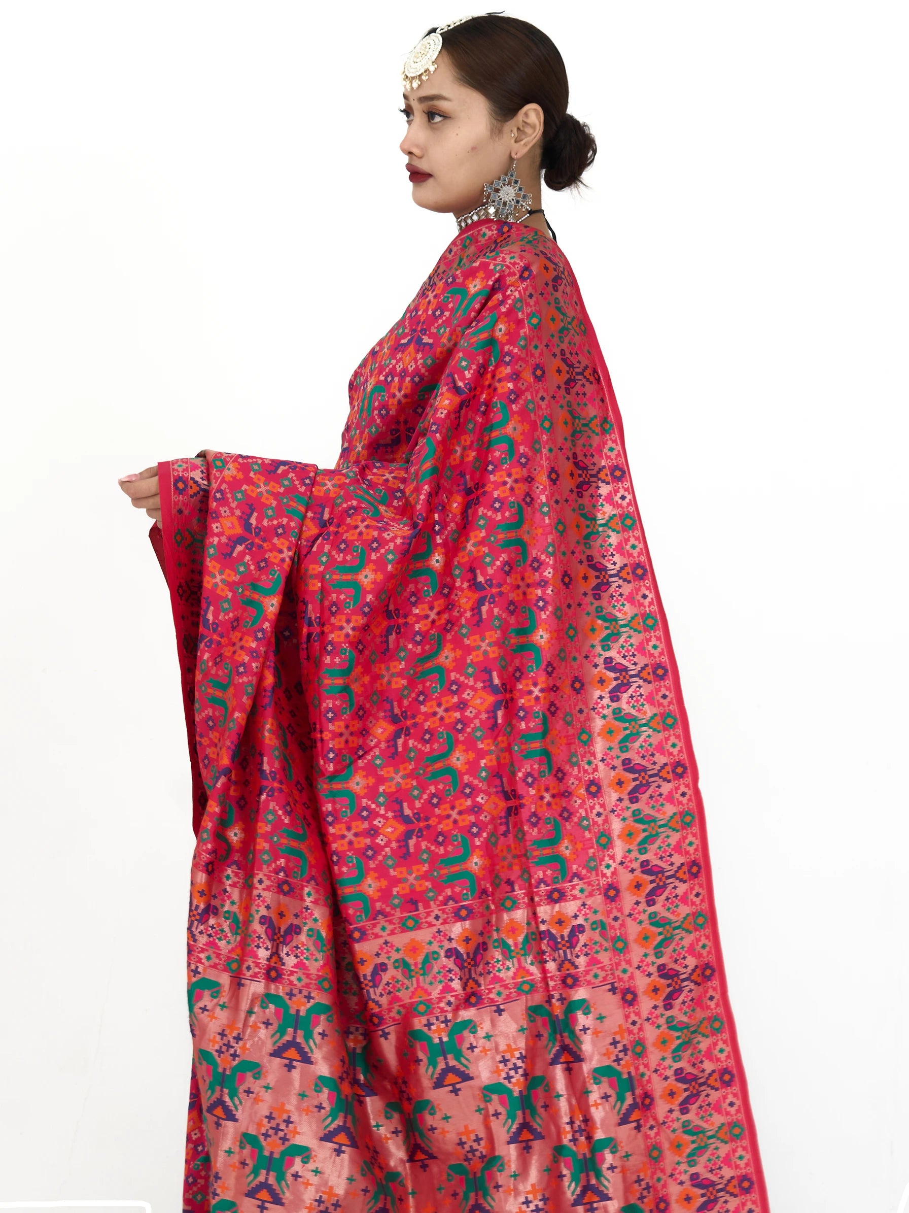 Hot Pink Patola Silk Saree | Kashmiri Ikat Print Saree | Block Print Silk Saree