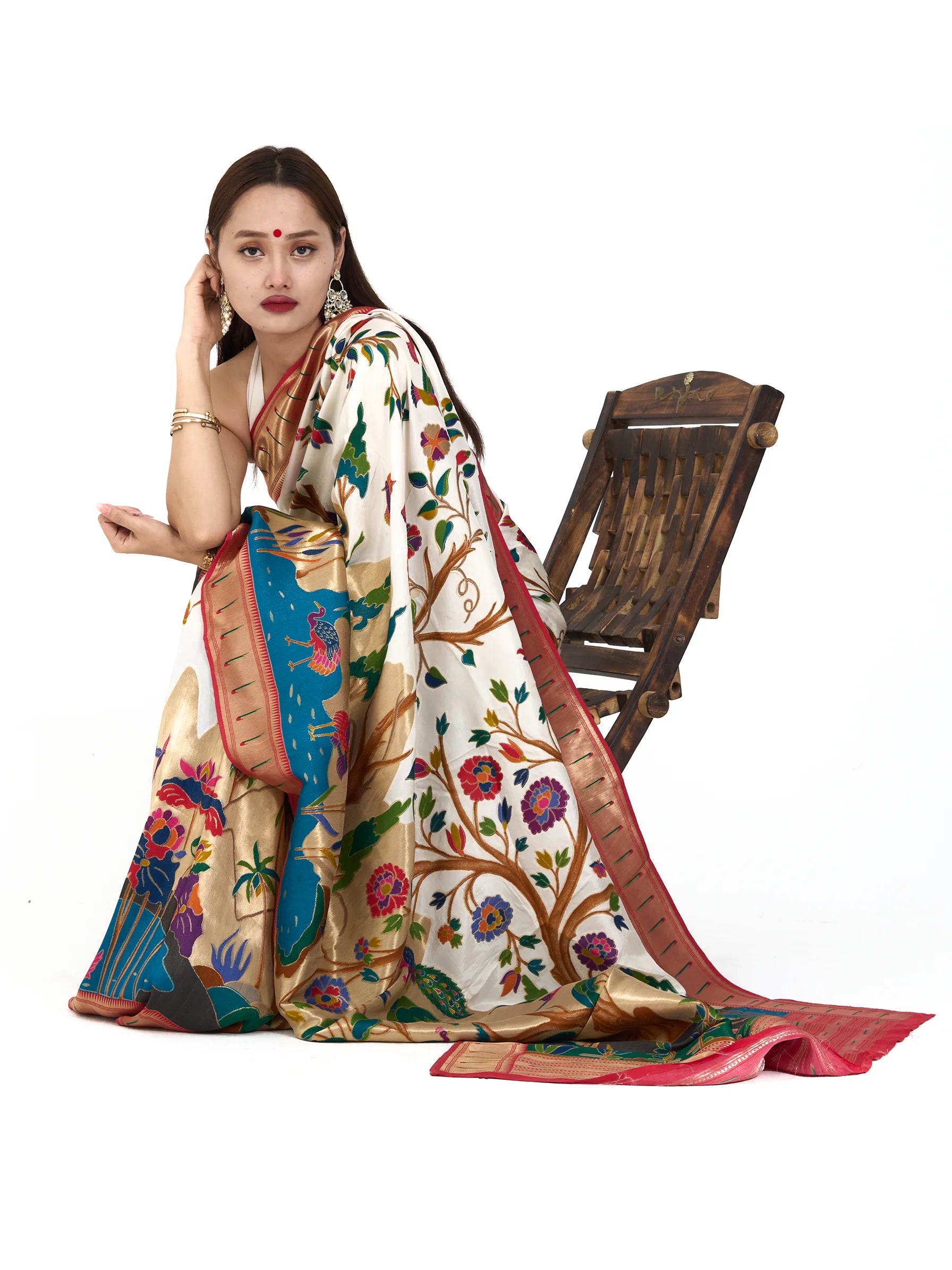 Ivory Cream Eri Silk Paithani Saree | Madhubani Print Zardozi Embroidered Saree