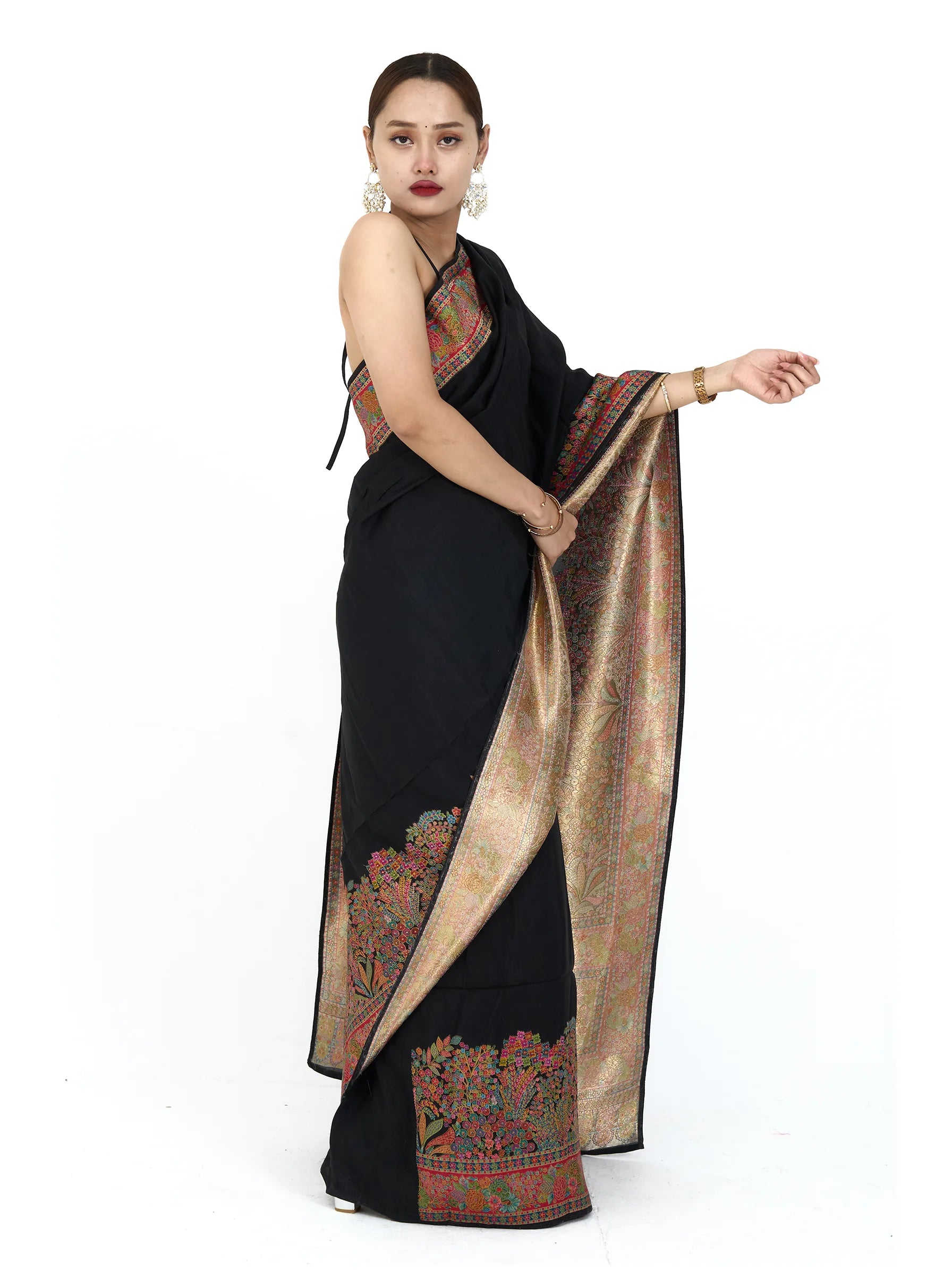 Black Pure Eri Silk Saree | Kashmiri Handloom Aari Embroidery Saree