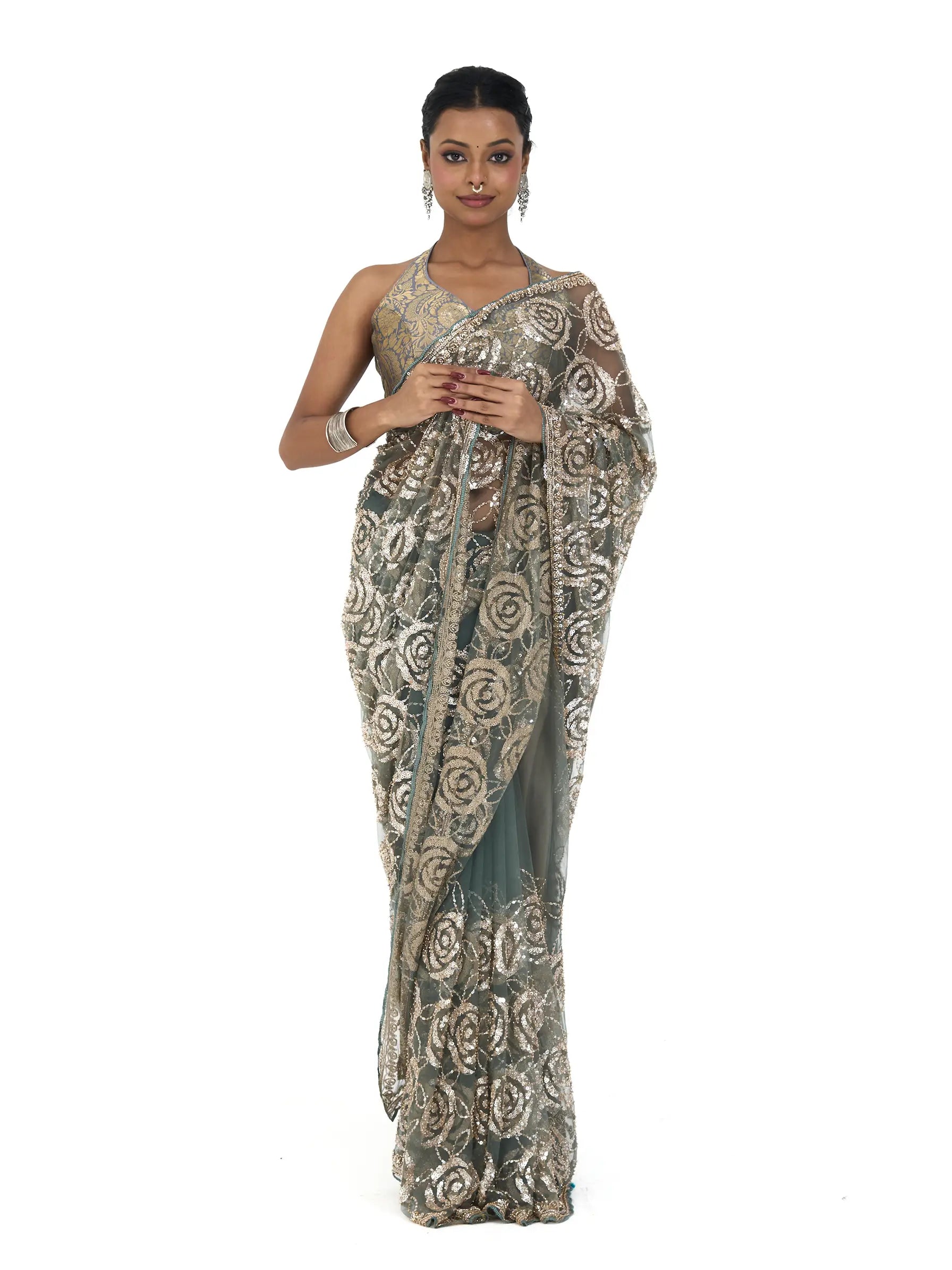 Green Bamboo Net Saree | Rose Gold Sequin Embroidered Floral Saree