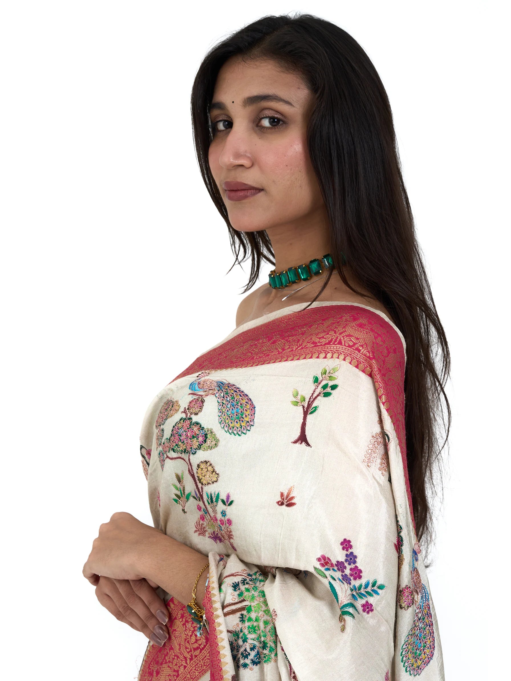 Ivory Kalamkari Silk Saree | Eri Silk Embroidered Saree | Floral Peacock Print Saree | Indian Wedding Saree