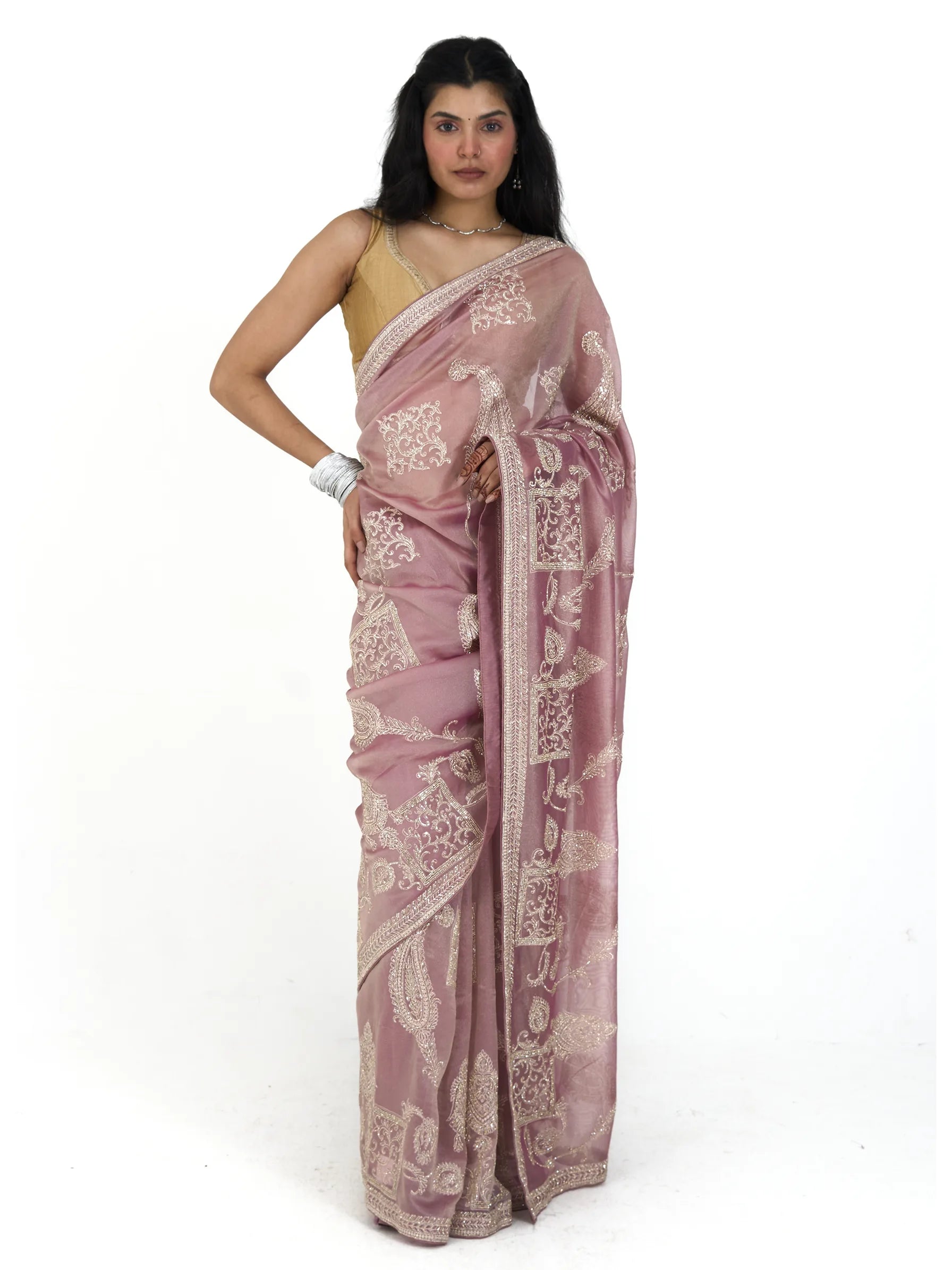 Pink Tissue Silk Saree | Zardozi Embroidered Phulkari Saree