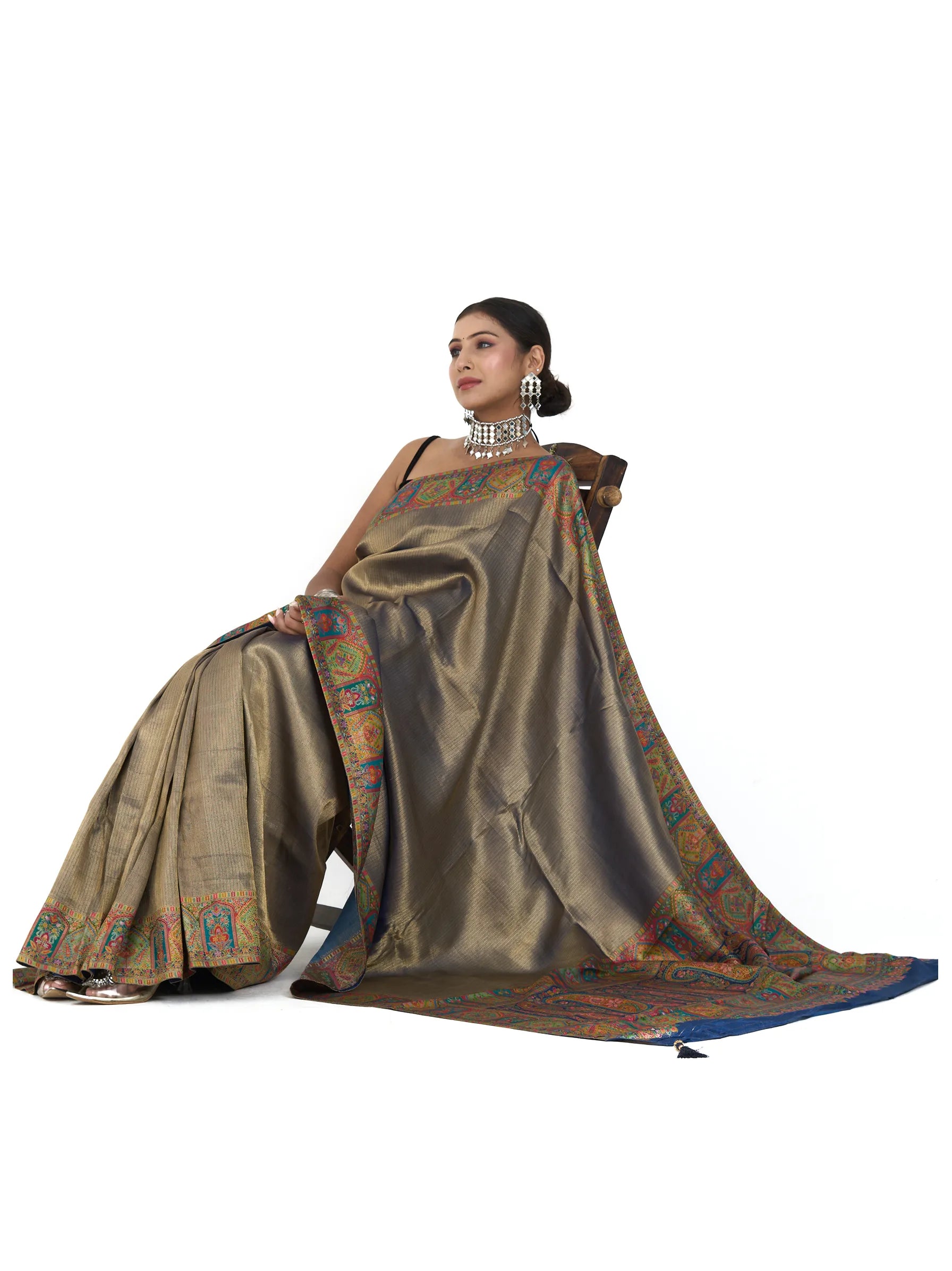 Champagne Gold Banarasi Eri Silk Saree | Paisley Ambi Brocade Zari Work