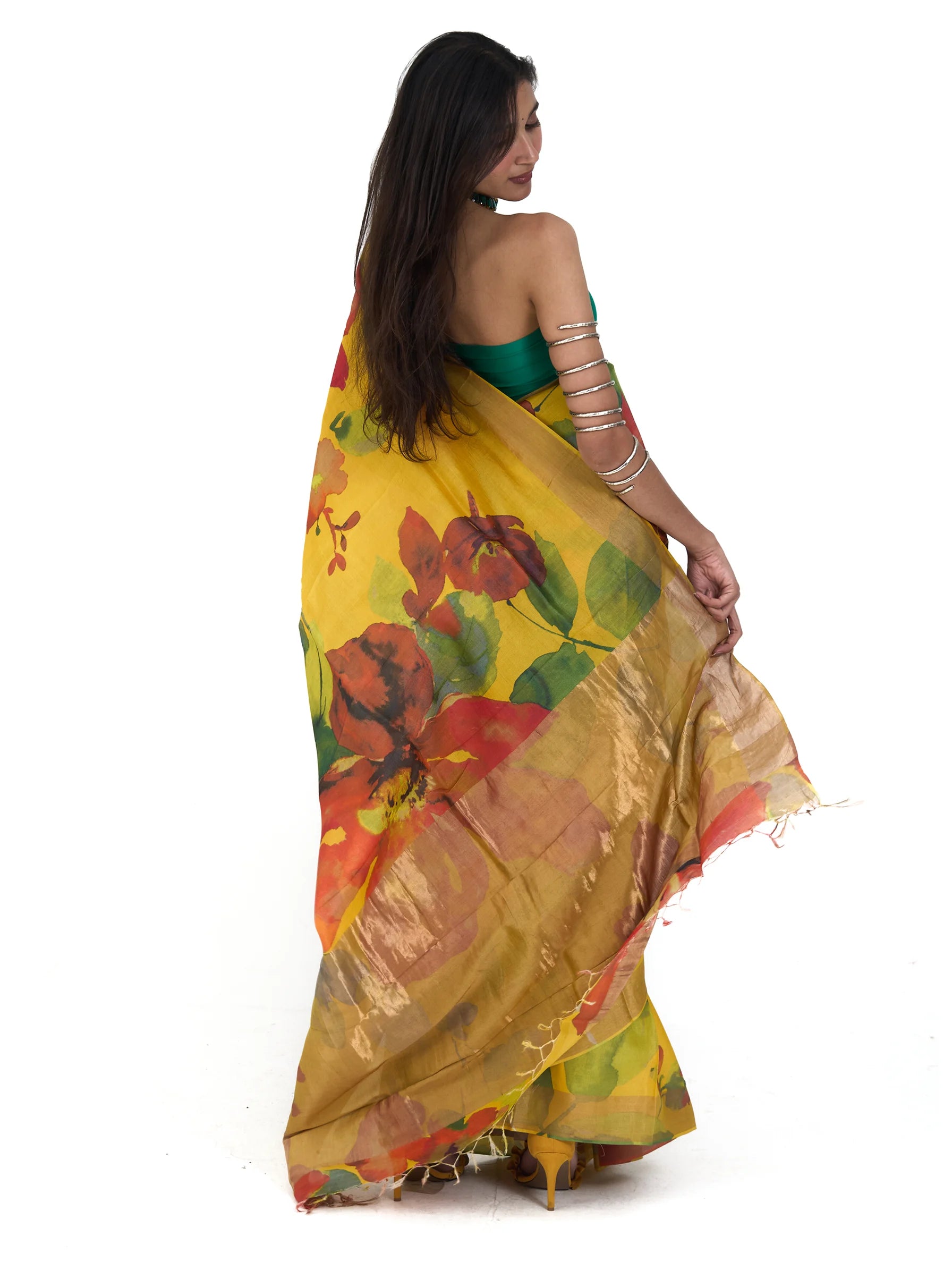Yellow Tussar Silk Saree | Floral Block Print Phulkari Saree