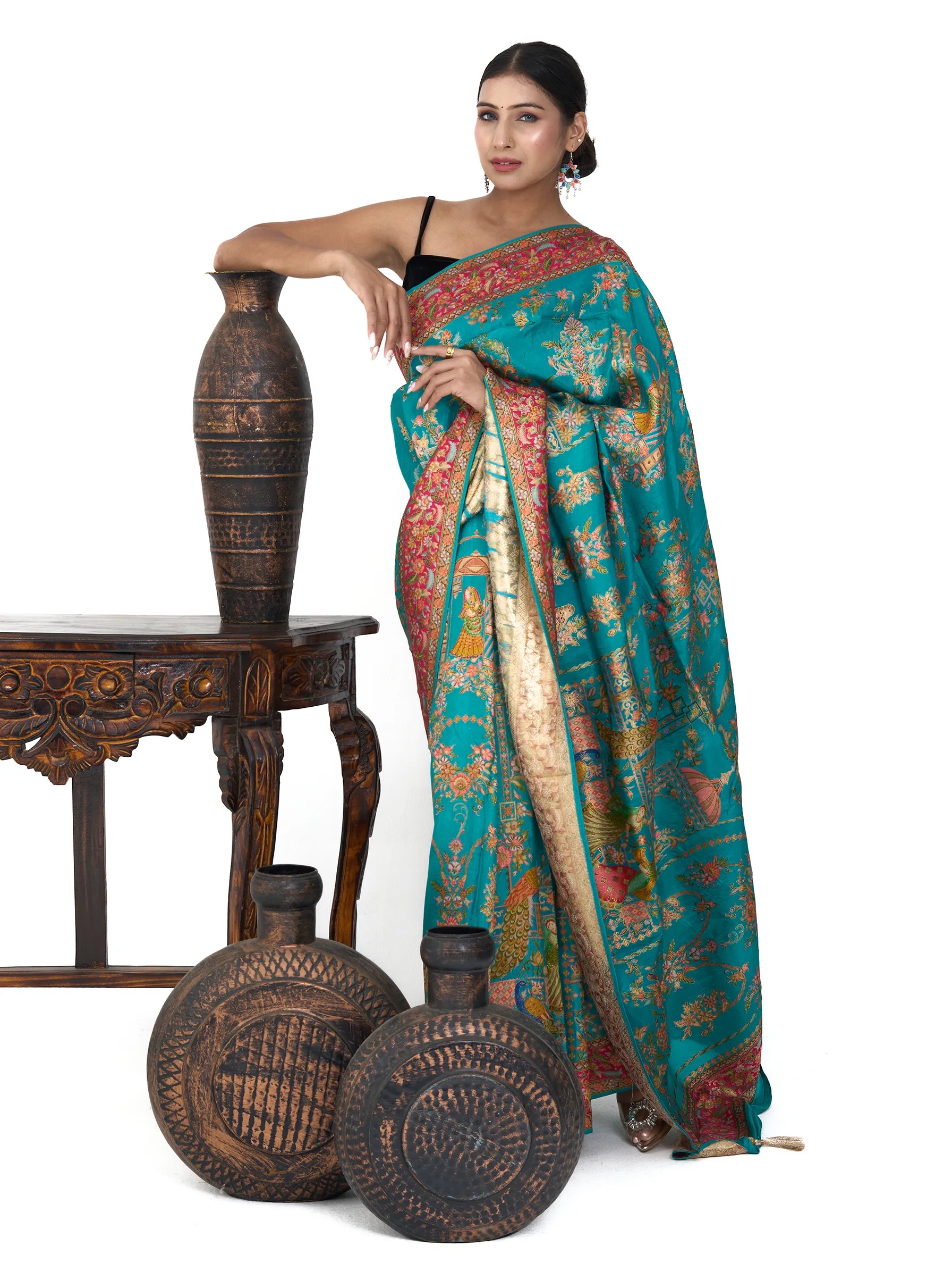 Rajwada Print Pure Eri Vegan Silk Saree | Kalamkari Zardozi Embroidered Blue Saree