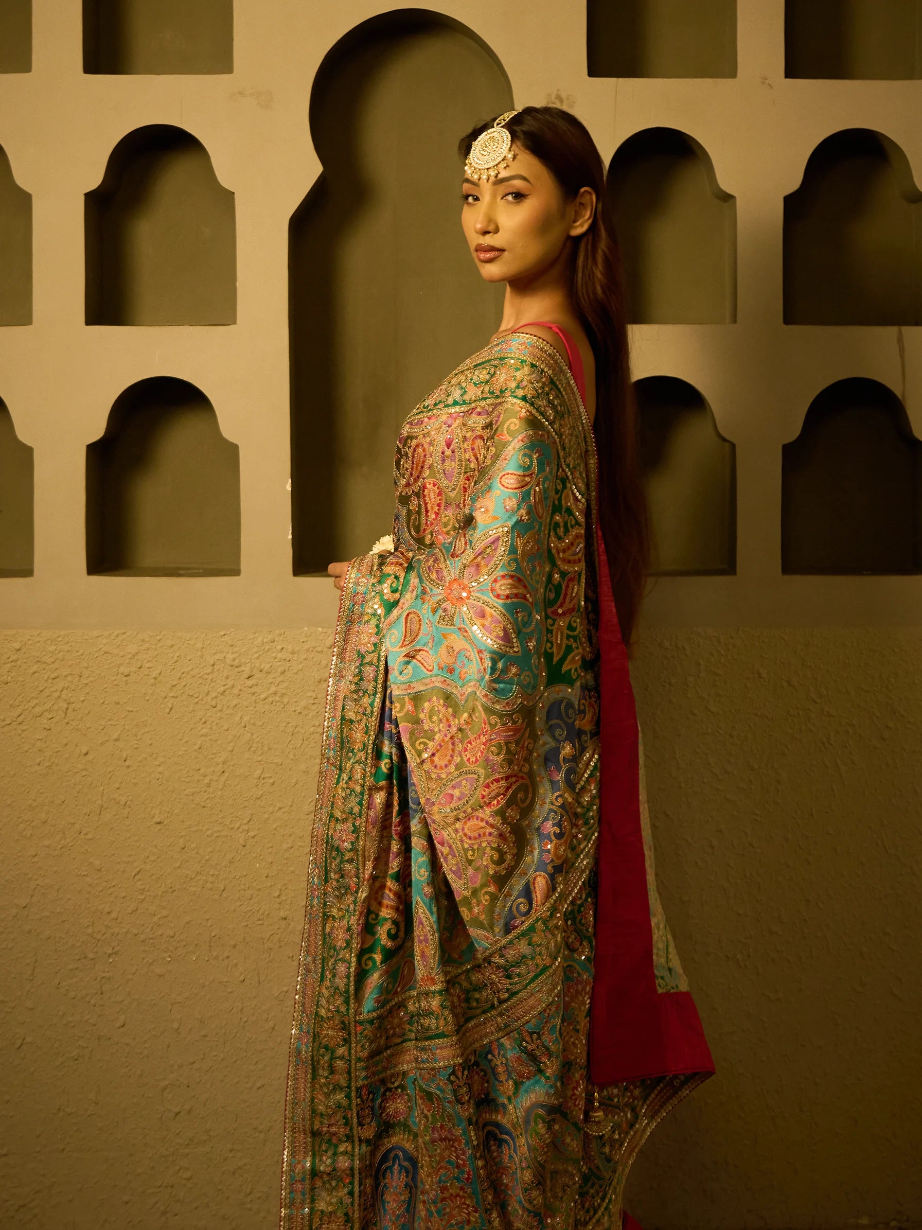 Multicolour lotus silk fusion saree with Jamawar paisley pattern and gold Zardozi embroidered border, draped on model, full front view